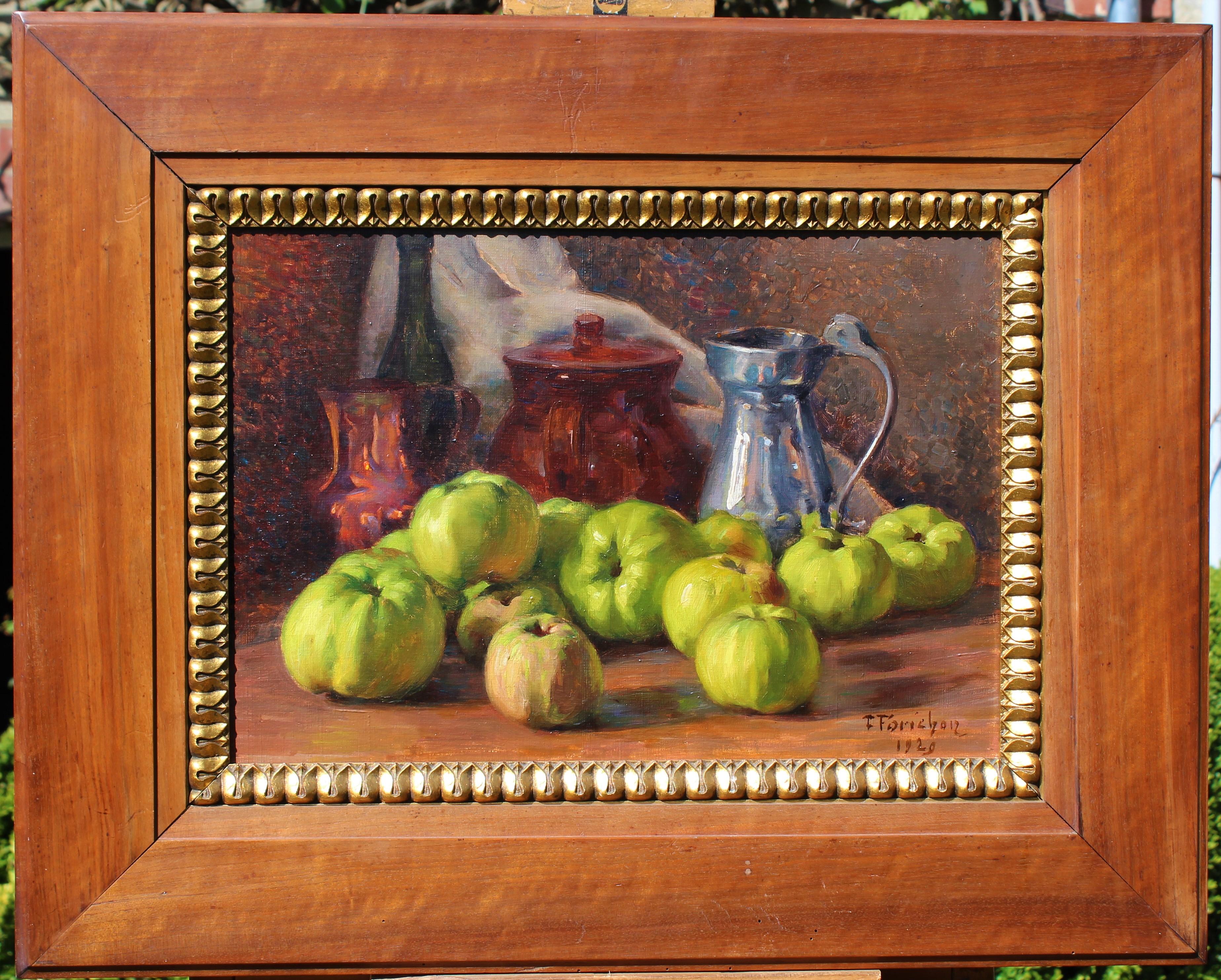 Still life with green apples - Painting by François Forichon