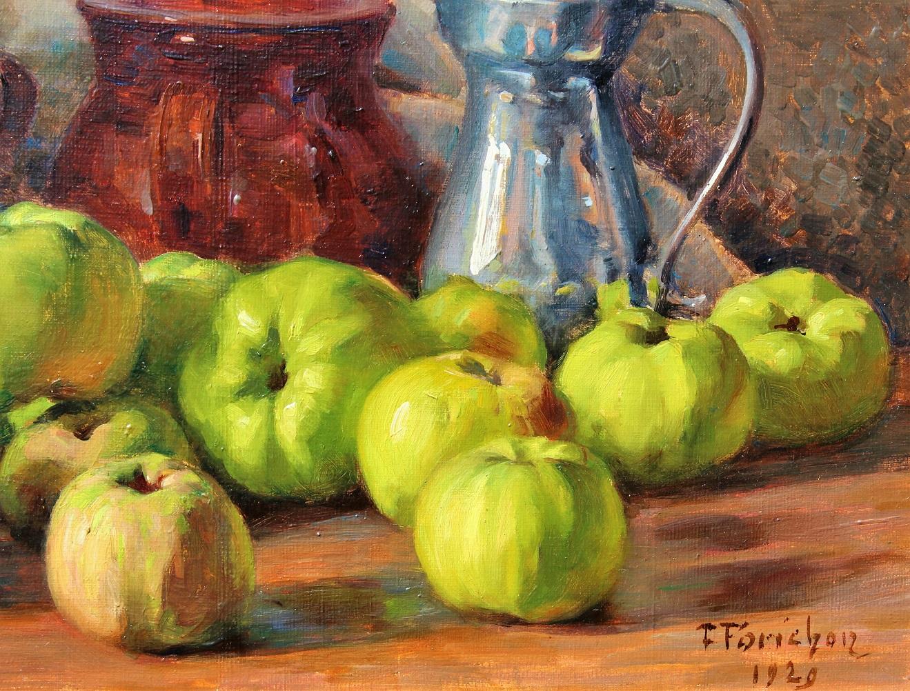 Still life with green apples - Art Nouveau Painting by François Forichon