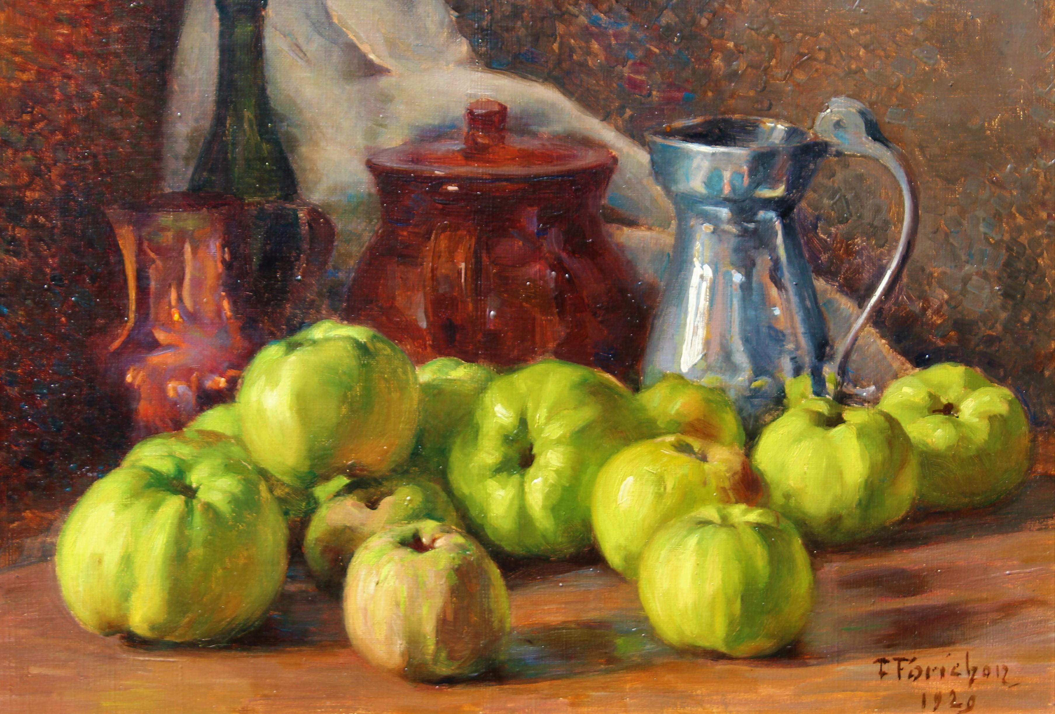 Still-Life Painting François Forichon - Nature morte aux pommes vertes