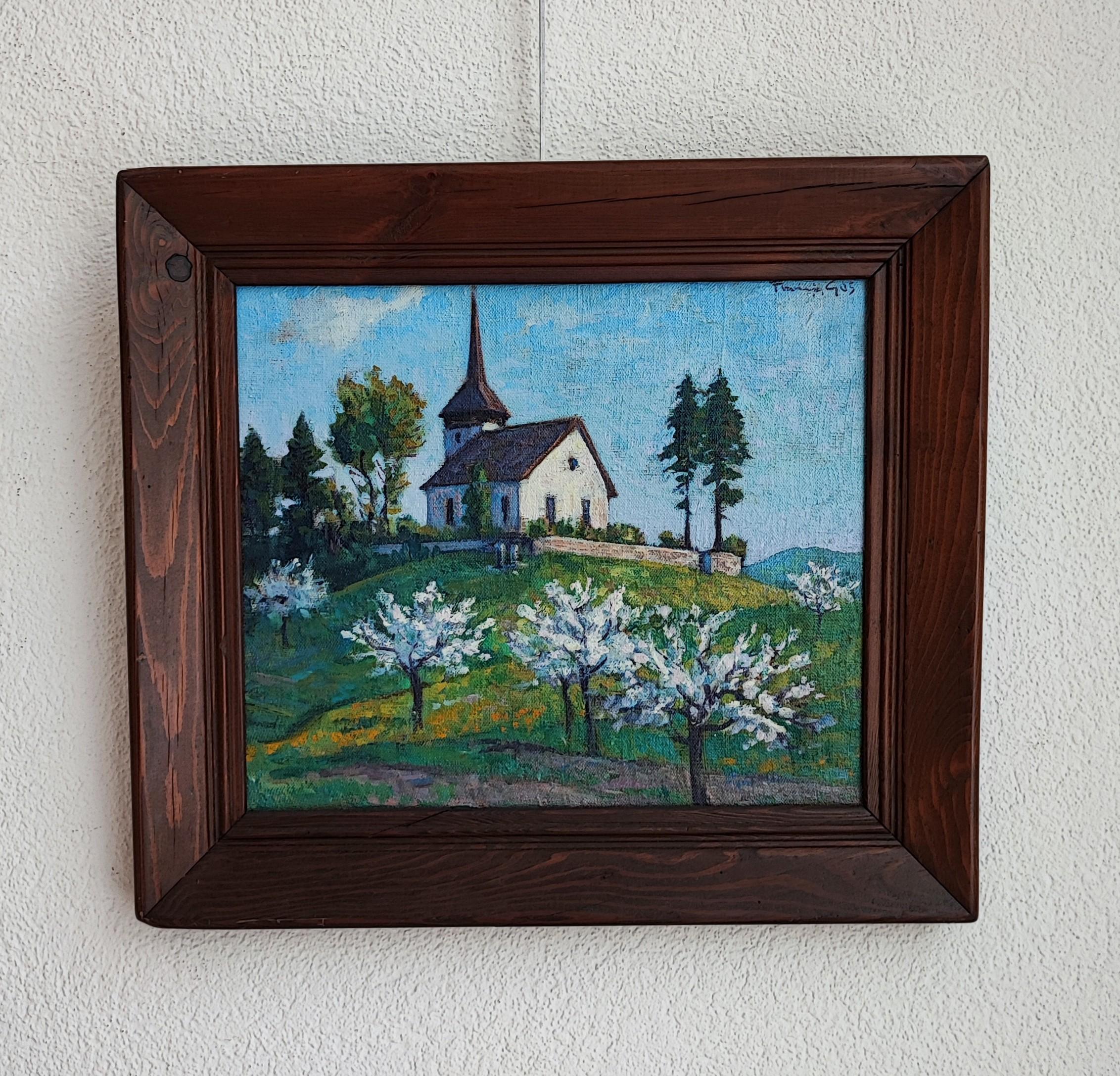Paysage de printemps avec chapelle - Painting de François Gos