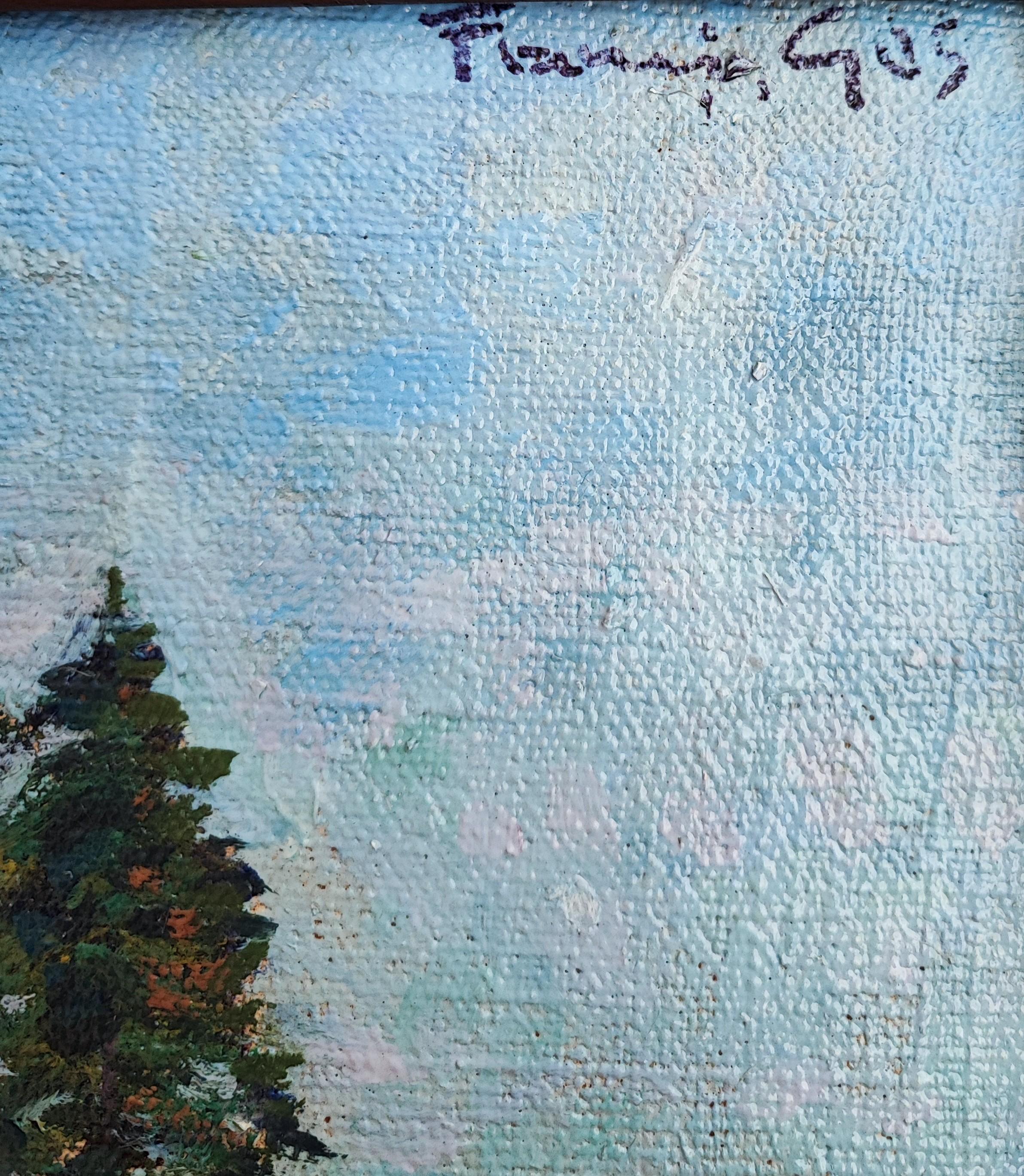 Paysage de printemps avec chapelle - Bleu Landscape Painting par François Gos
