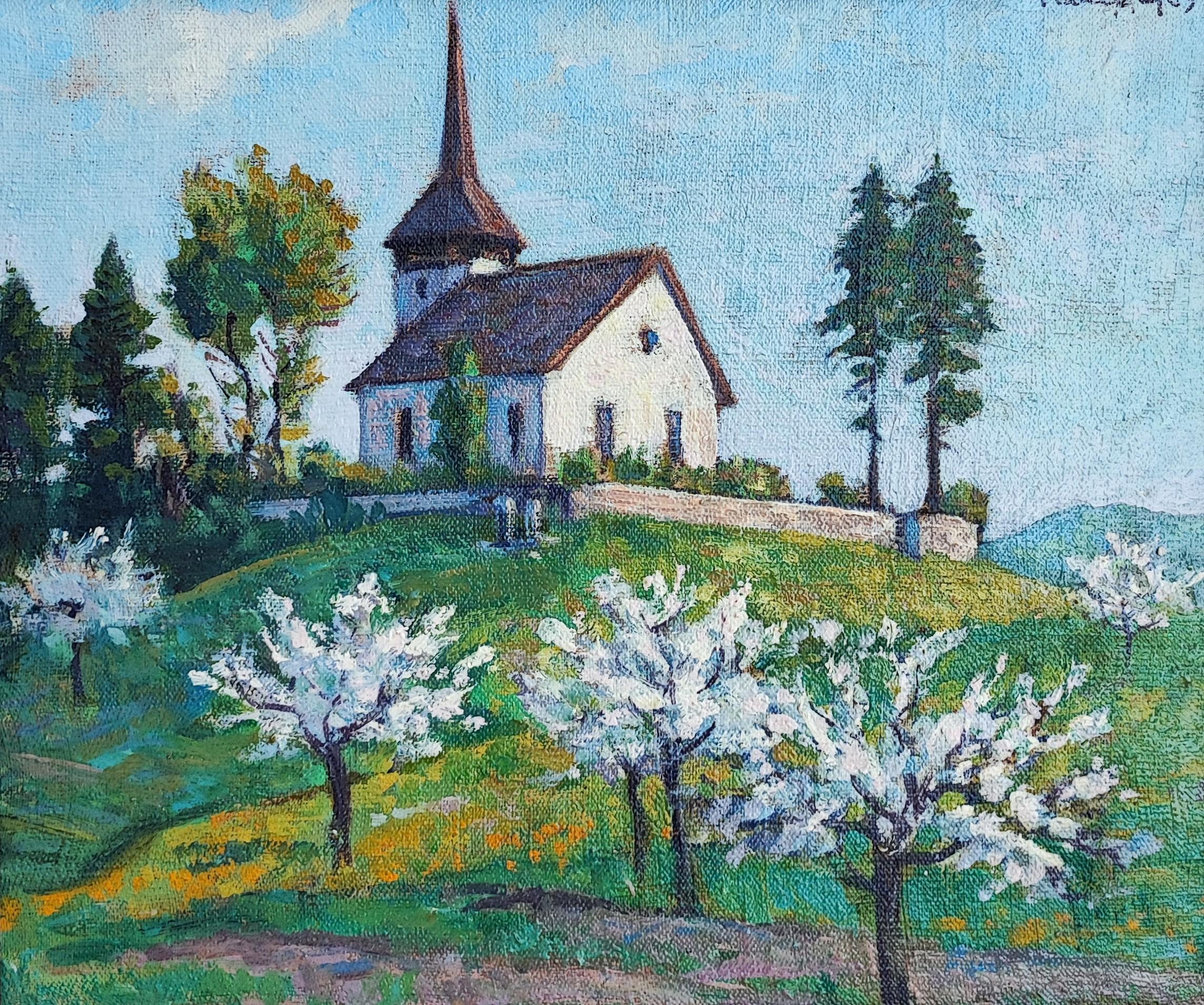 Landscape Painting François Gos - Paysage de printemps avec chapelle