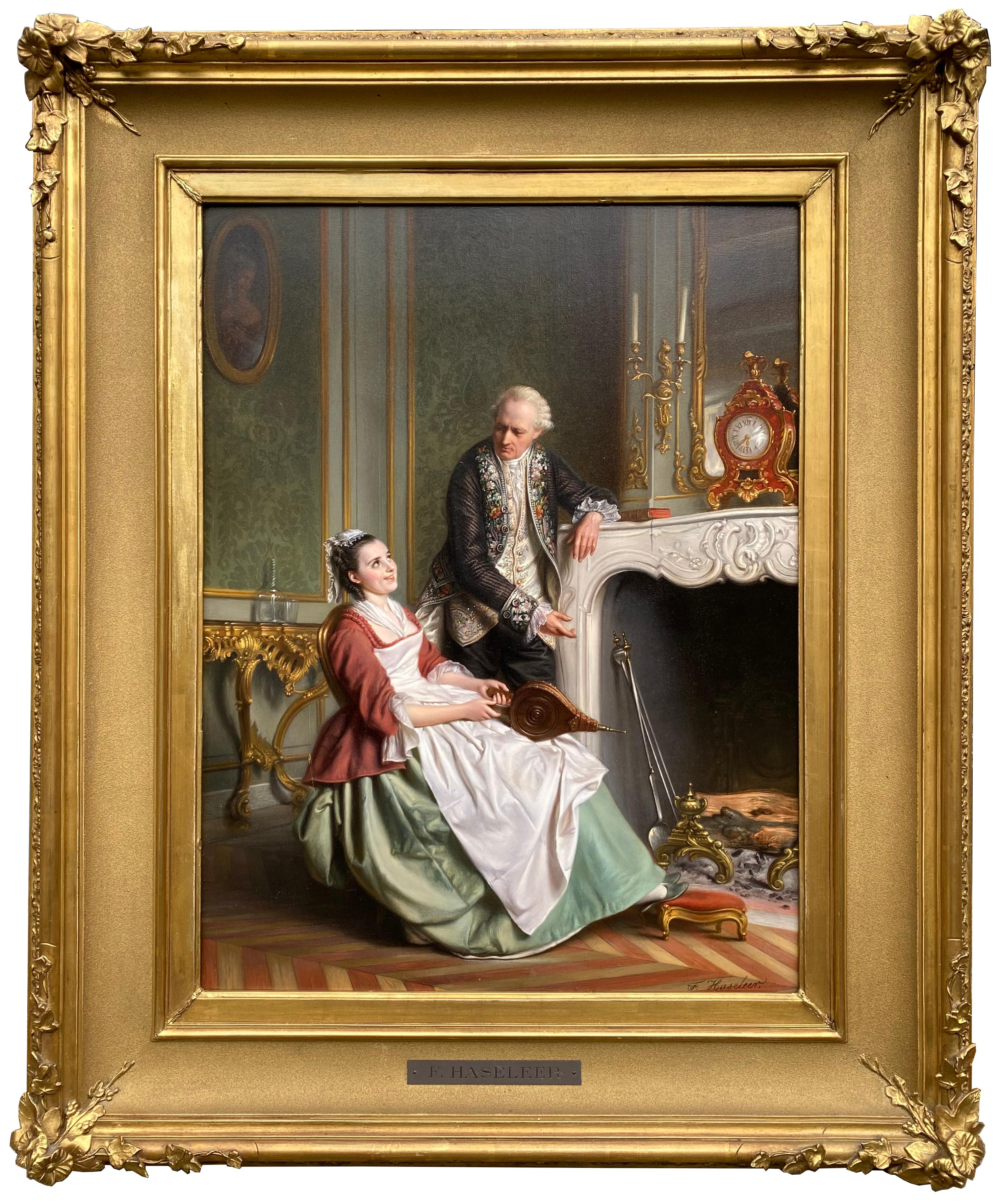 François Joseph Haseleer 
Brussels 1804 – 1890
Belgian Painter

'The Fireplace'
Signature: Signed bottom right
Medium: Oil on panel
Dimensions: Image size 55 x 42,50 cm, frame size 78 x 65 cm

Biography: Haseleer François Joseph Corneille was born