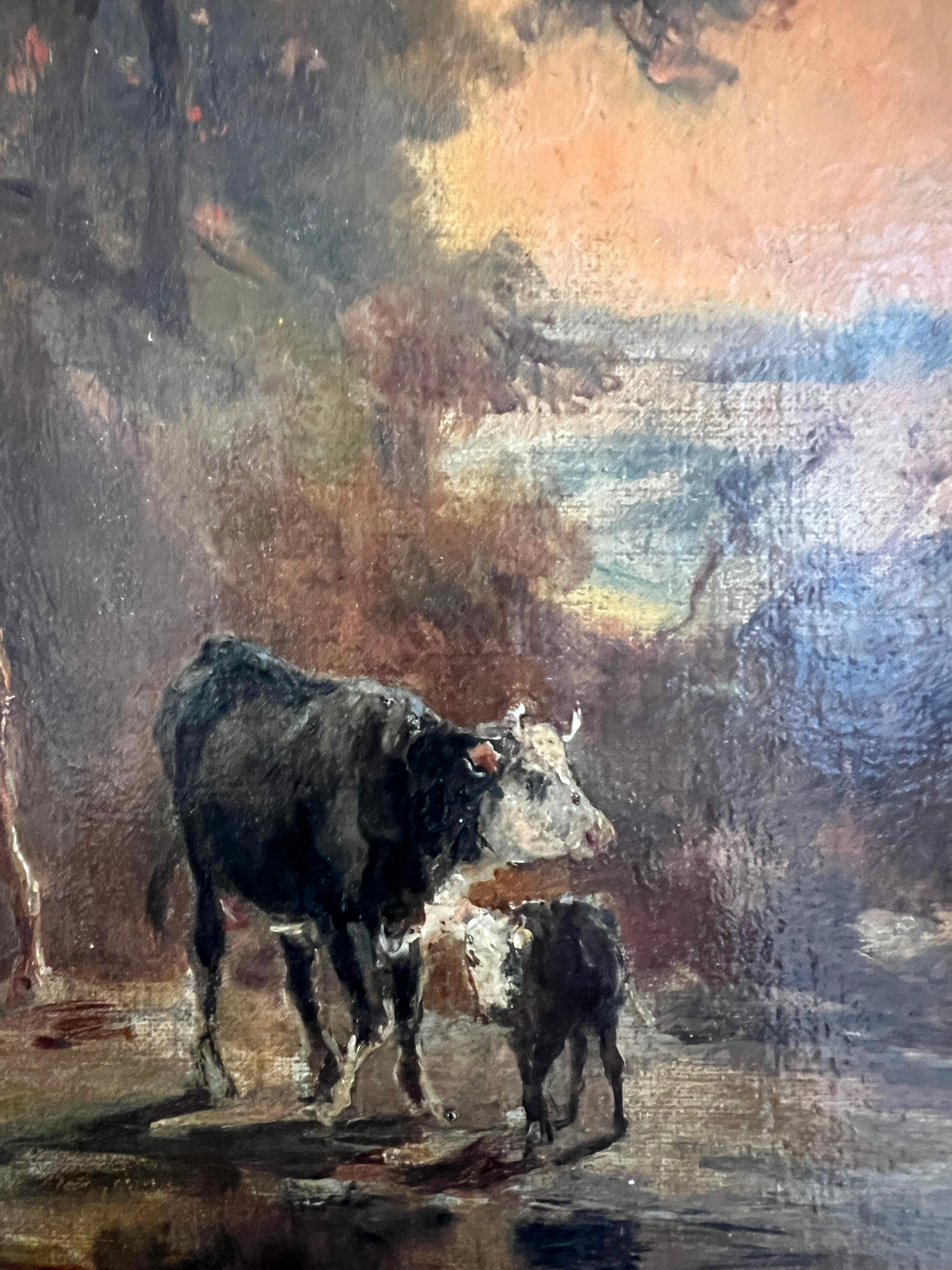 Opera su tela: 44,5 x 67 x 2 cm

Questo dipinto del XIX secolo dell'artista François de Niederhausern (1828-1888) raffigura una scena pastorale al crepuscolo, immersa nella luce soffusa del sole al tramonto.
In primo piano, una mandria di mucche si