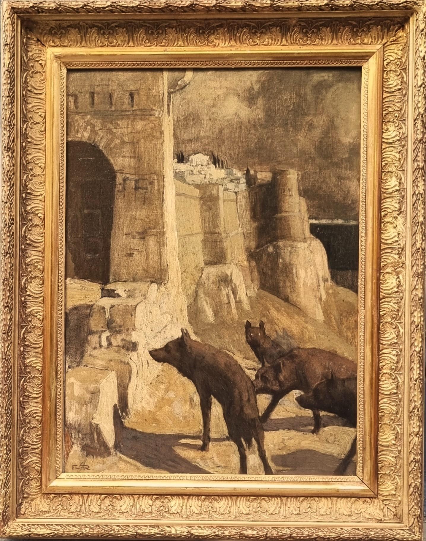ROGANEAU Early 20th century Symbolist painting French Wolves Acropolis Athens - Painting de François Maurice ROGANEAU
