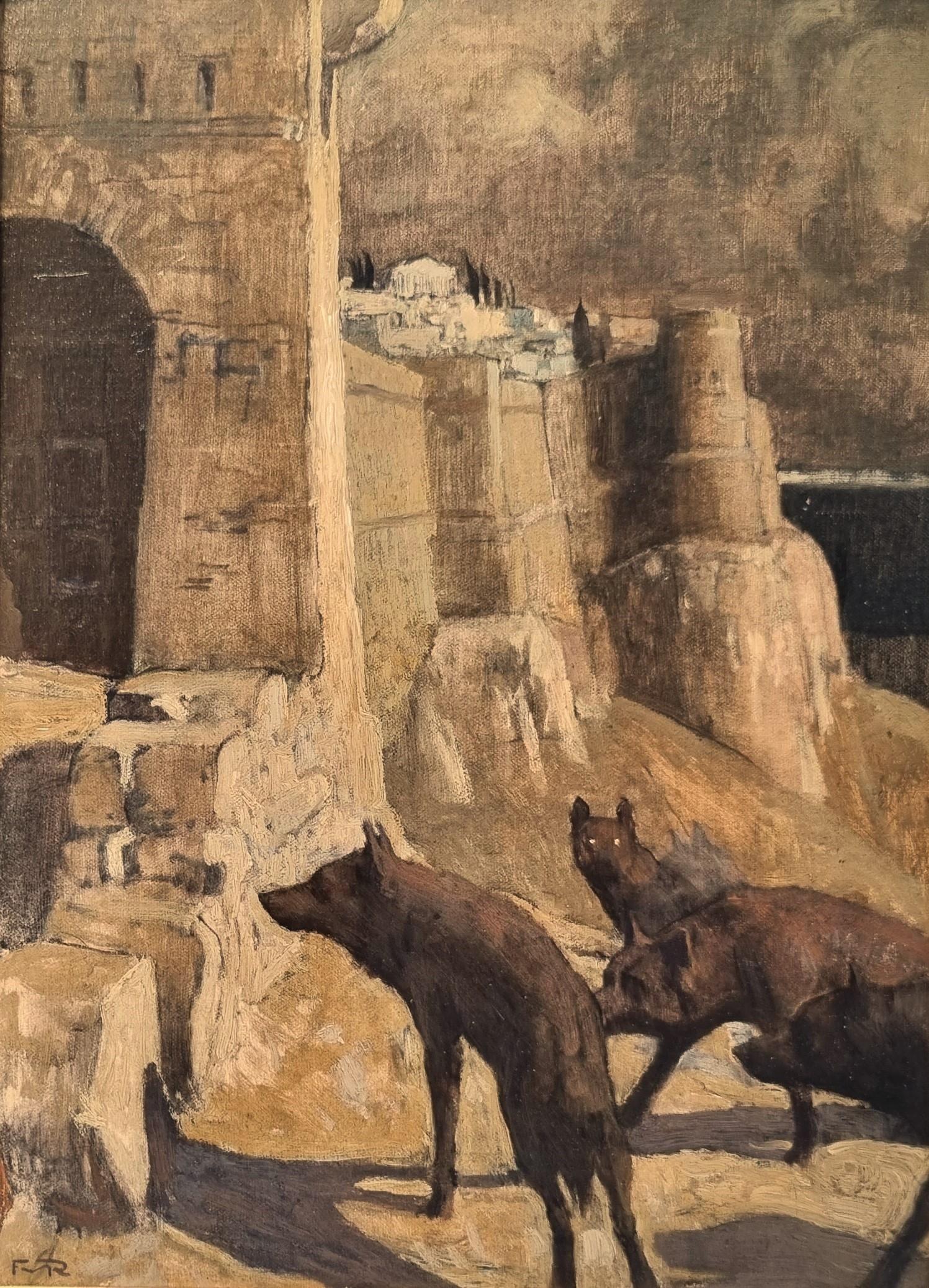 ROGANEAU Early 20th century Symbolist painting French Wolves Acropolis Athens - Painting Simbolista de François Maurice ROGANEAU