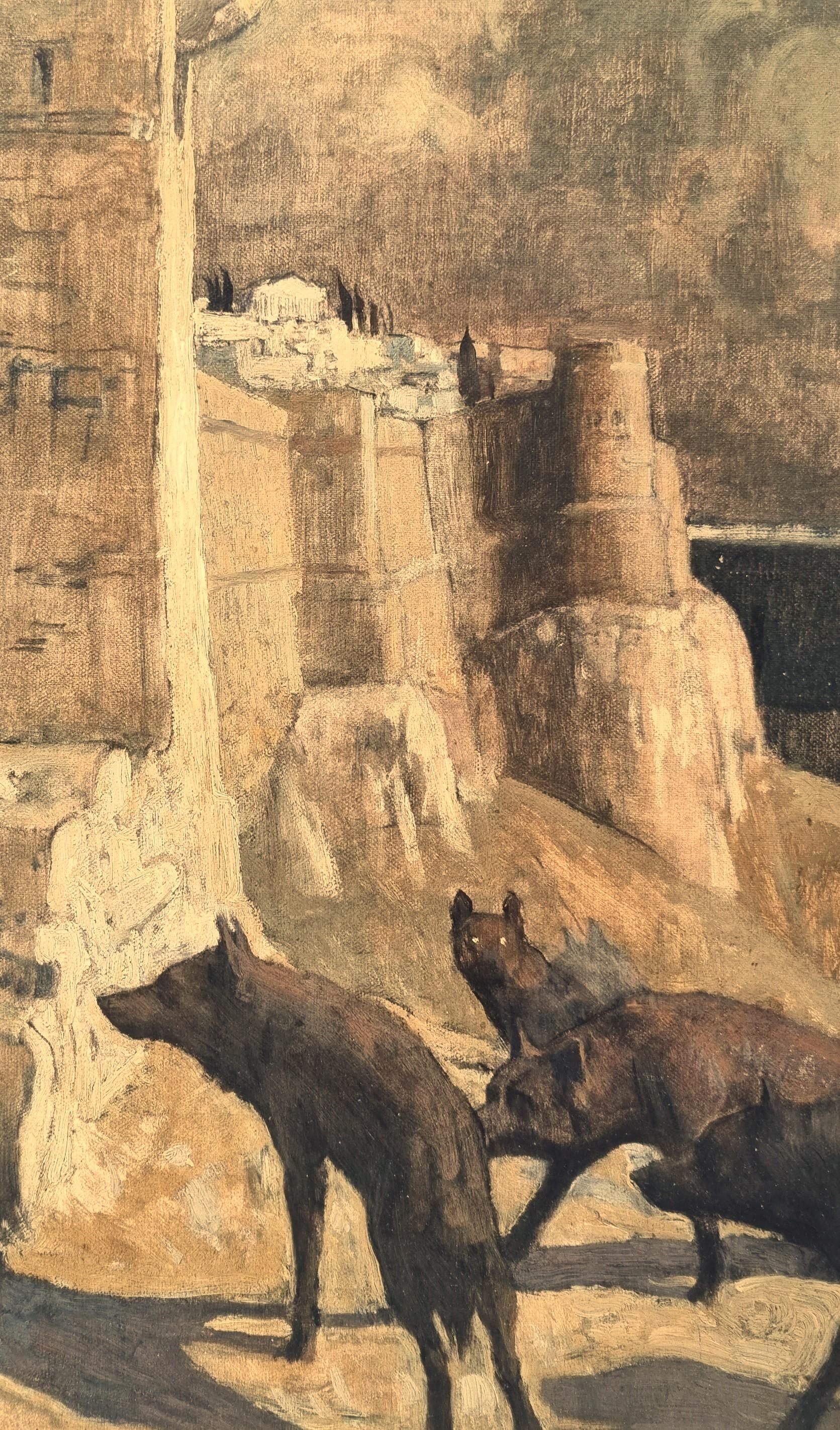 ROGANEAU Early 20th century Symbolist painting French Wolves Acropolis Athens - Landscape Painting Marrón de François Maurice ROGANEAU