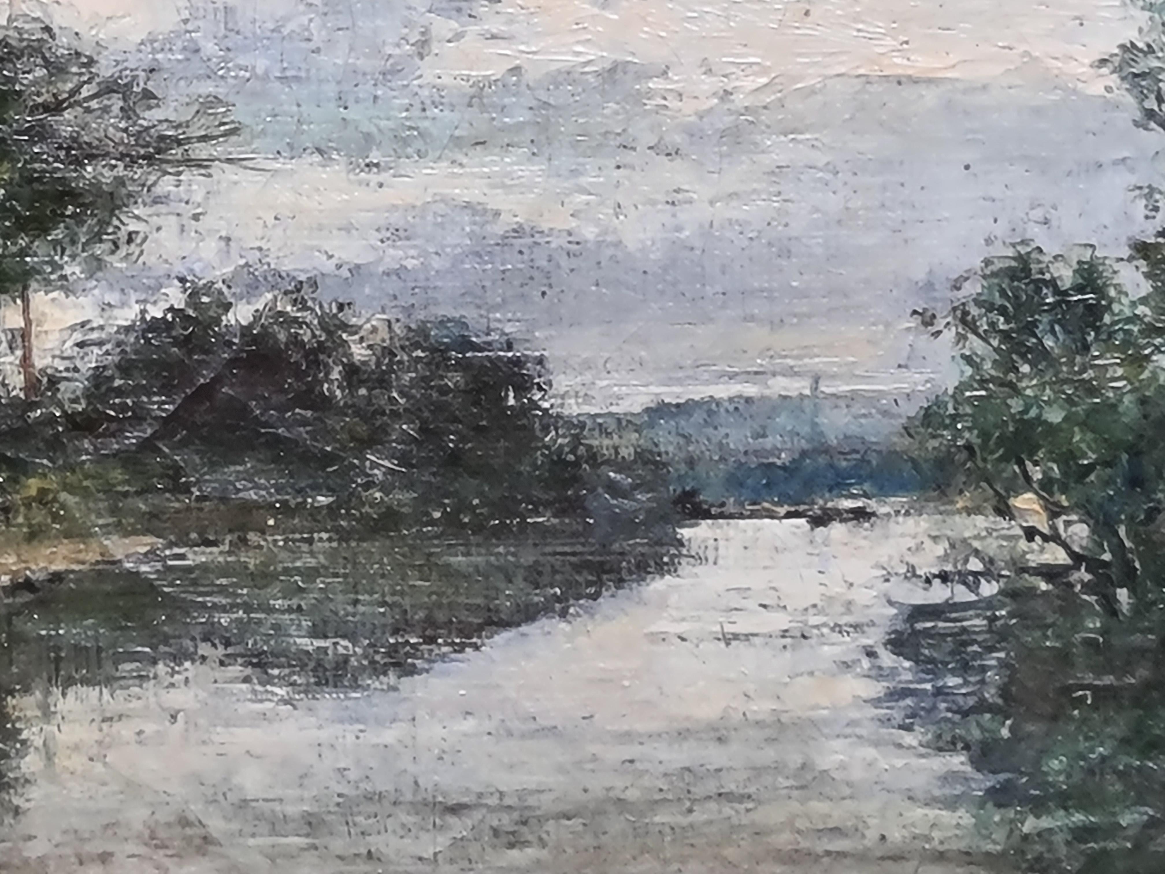 19. Jahrhundert Französisch Barbizon Schule Öl auf Leinwand Flussansicht, möglicherweise die Seine in der Nähe von Paris, von François Maury. Das Gemälde ist oben rechts signiert, datiert und mit einer noch nicht entzifferten Ortsangabe versehen.