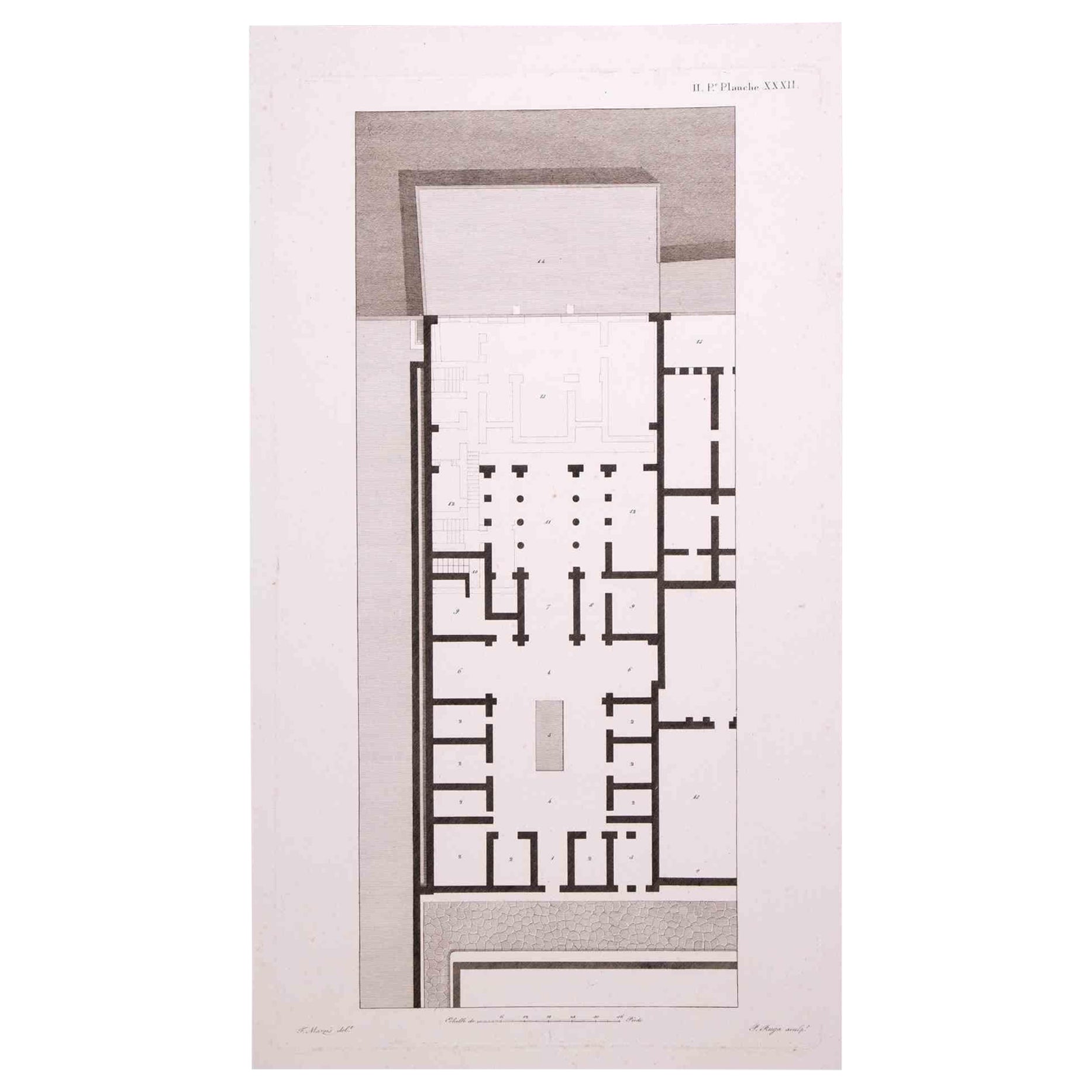 Interior Plan - Original Etching by François Mazoit - 19th century
