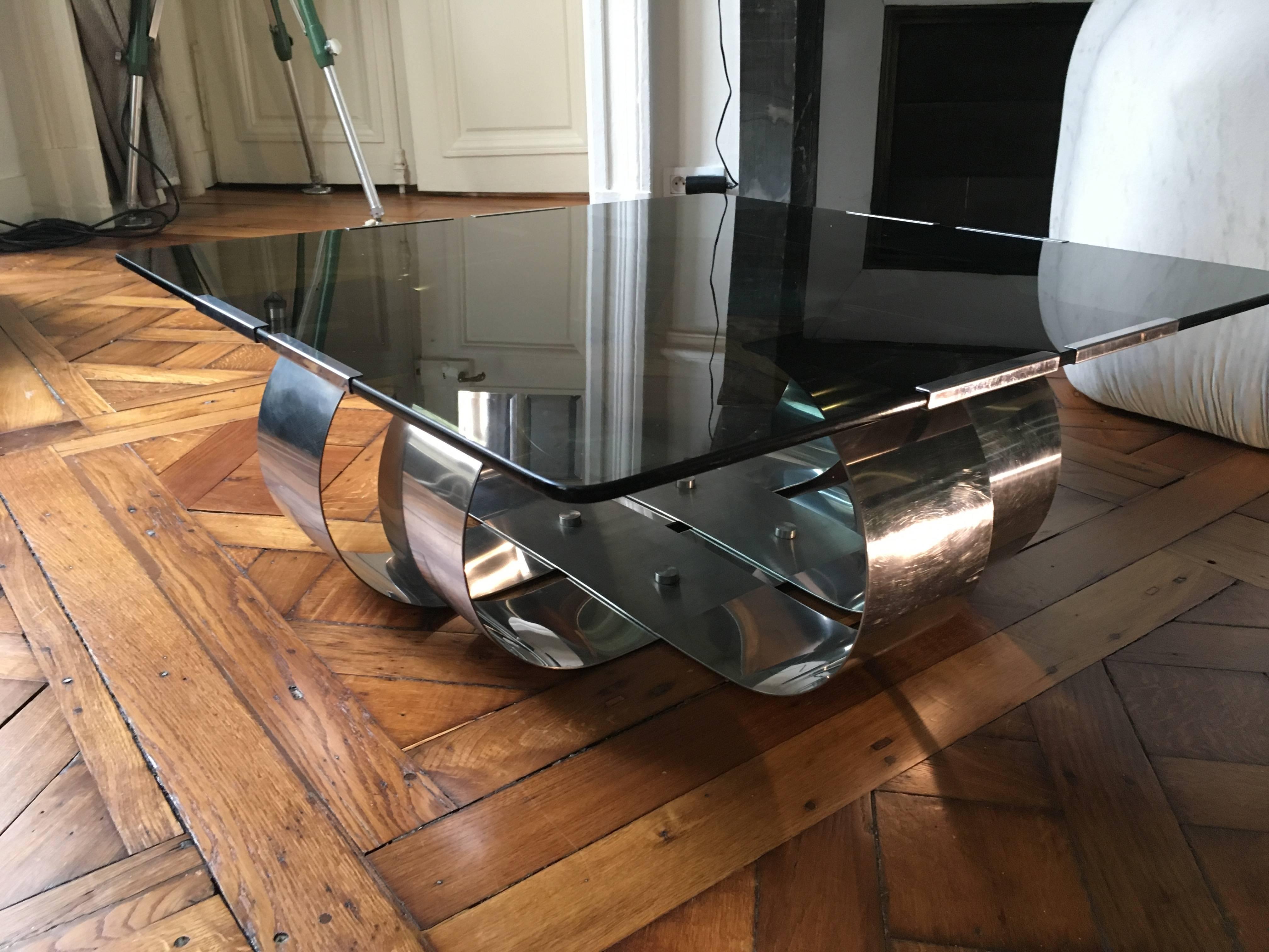 Mid-Century Modern François Monnet Polished Steel and Smoked Glass Coffee Table For Sale