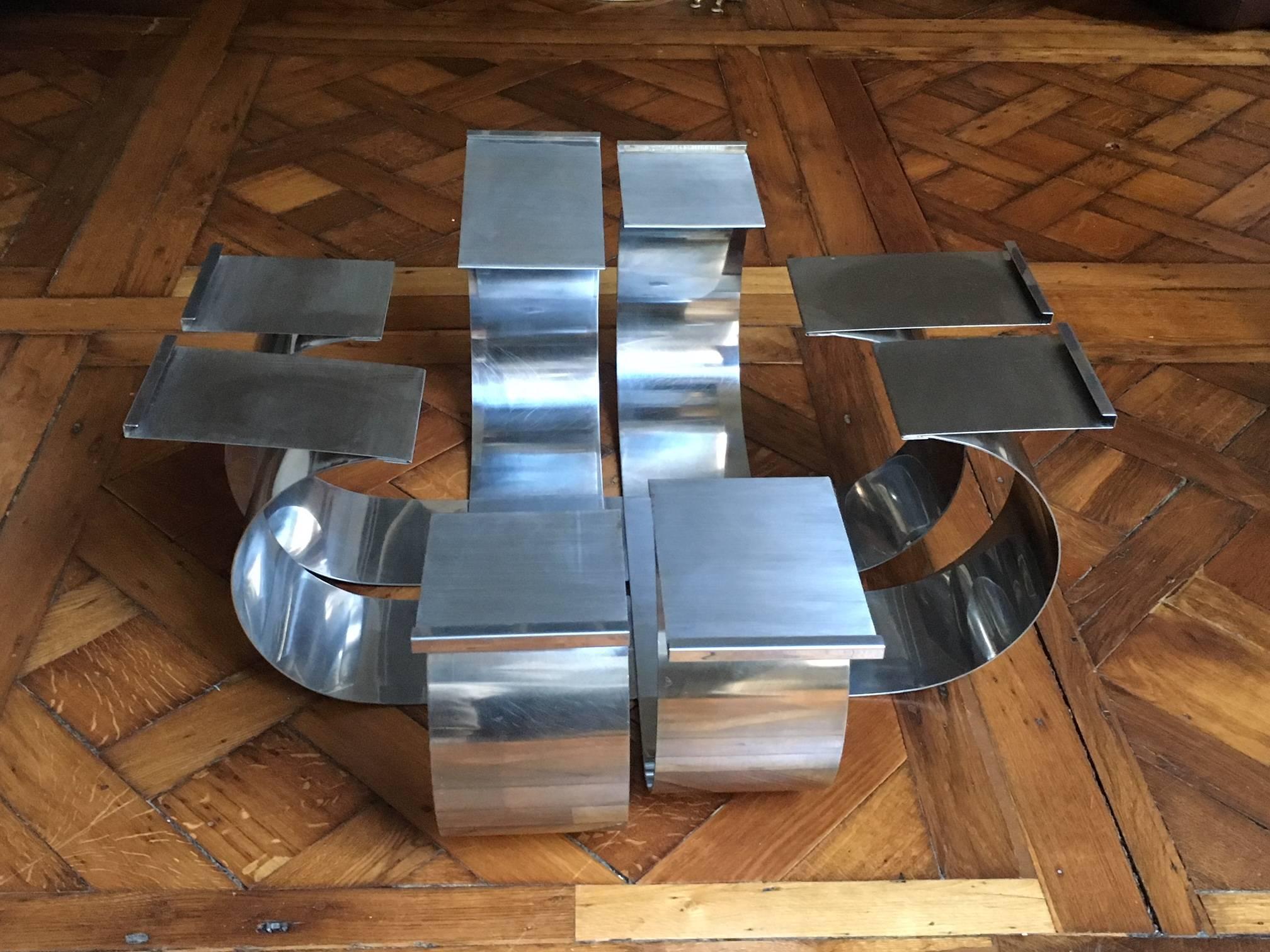 François Monnet Polished Steel and Smoked Glass Coffee Table In Good Condition For Sale In Paris, ile de france