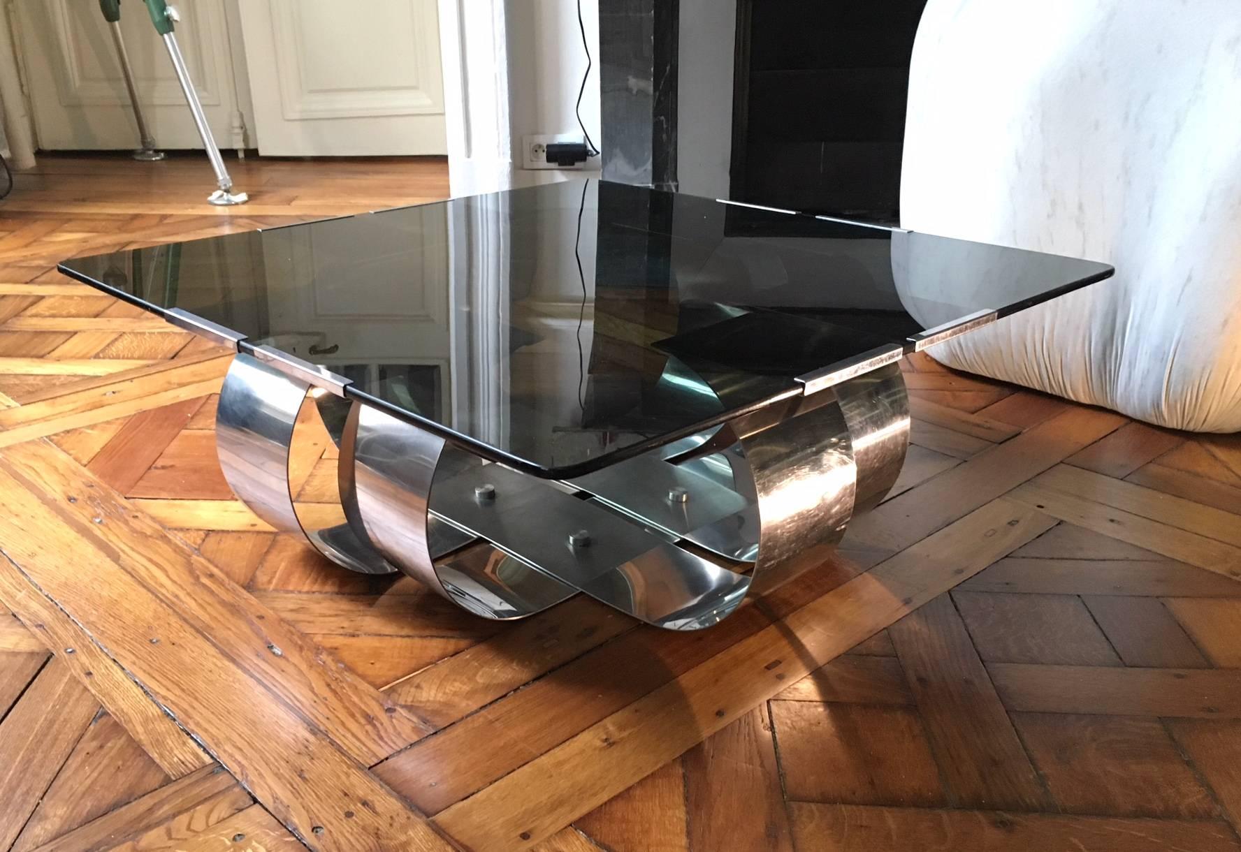 François Monnet Polished Steel and Smoked Glass Coffee Table For Sale 1