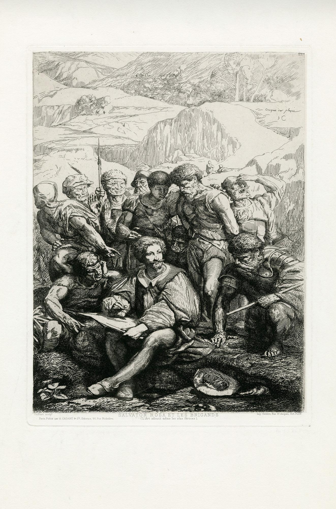 Salvator Rosa et les Brigands; ..L'Art adoucit même les plus féroces - Print by François-Nicolas Chifflart