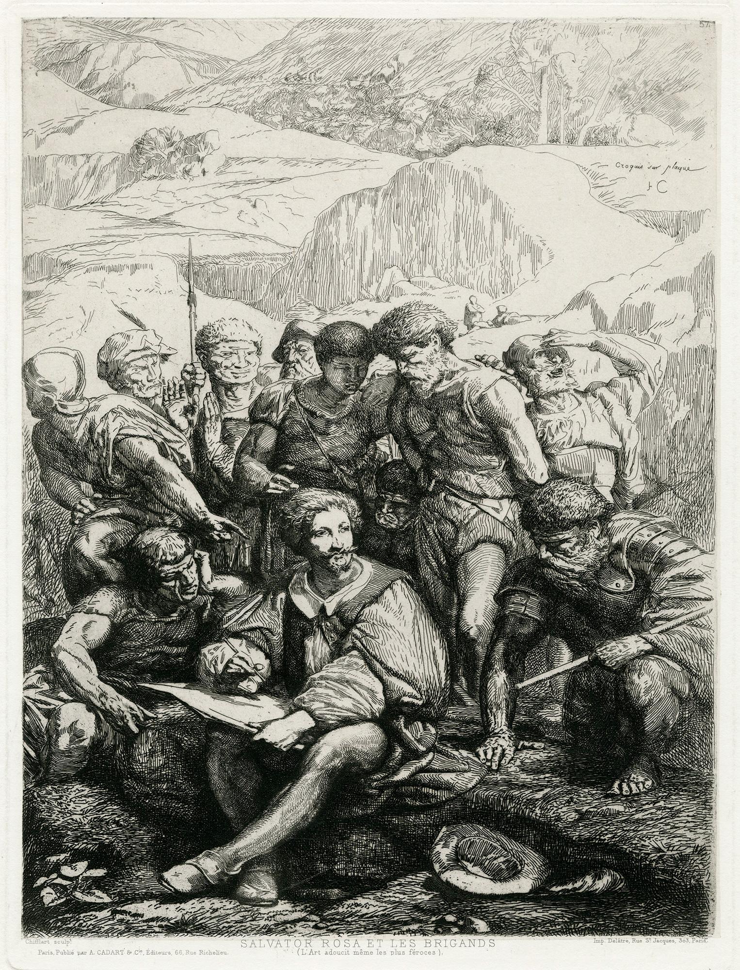 François-Nicolas Chifflart Landscape Print - Salvator Rosa et les Brigands; ..L'Art adoucit même les plus féroces