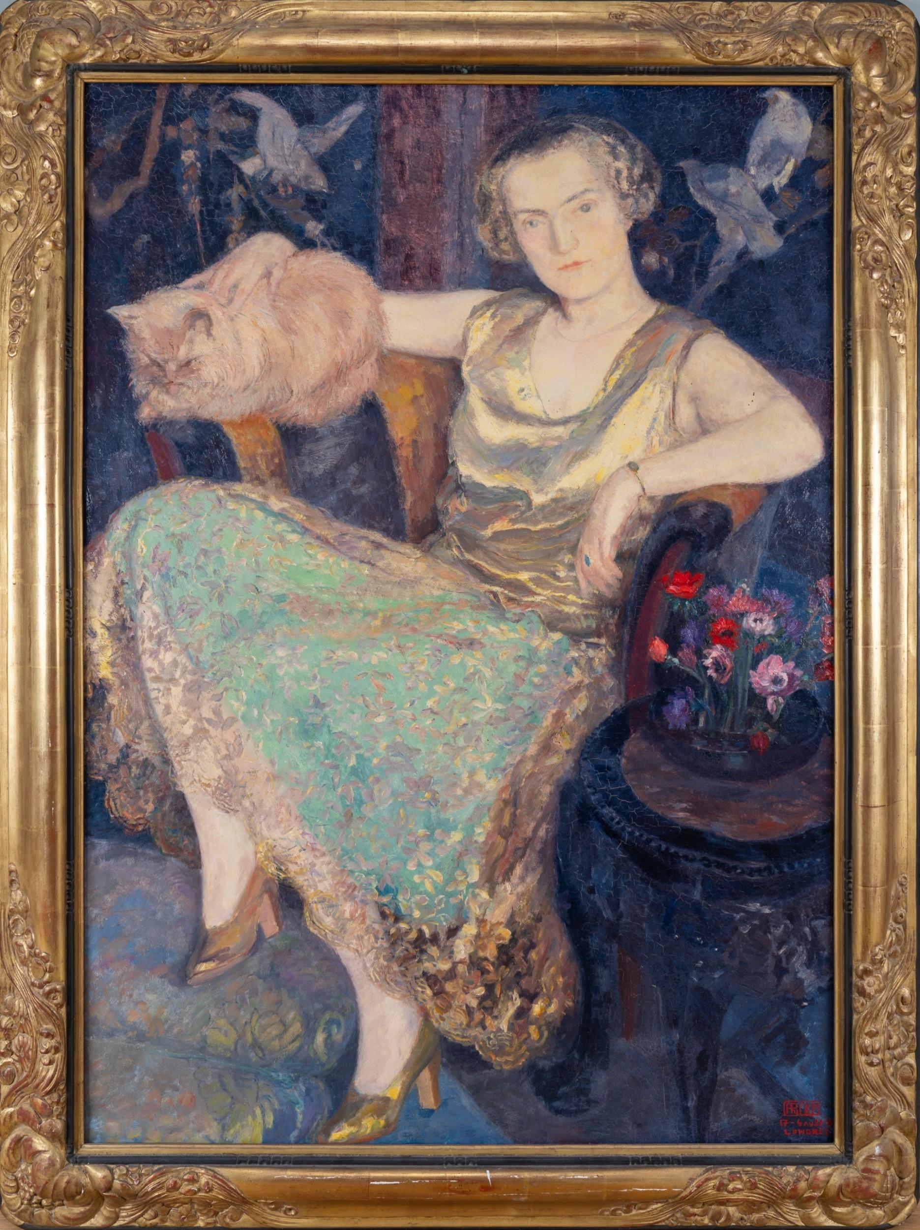 François Pycke Portrait Painting - Madame Bonnel with a cat 1918