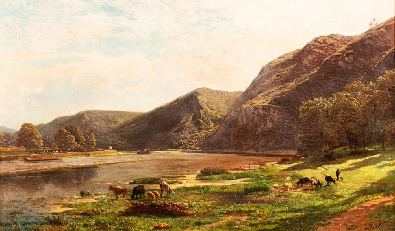 On the banks of the Meuse, near Waulsort (before the canalization of the Meuse)
Signed lower right

François Roffiaen (1820-1898): A Life in Brushstrokes

His kin, born from humble soil on his father's side—men toiling in fields, as masons, tavern