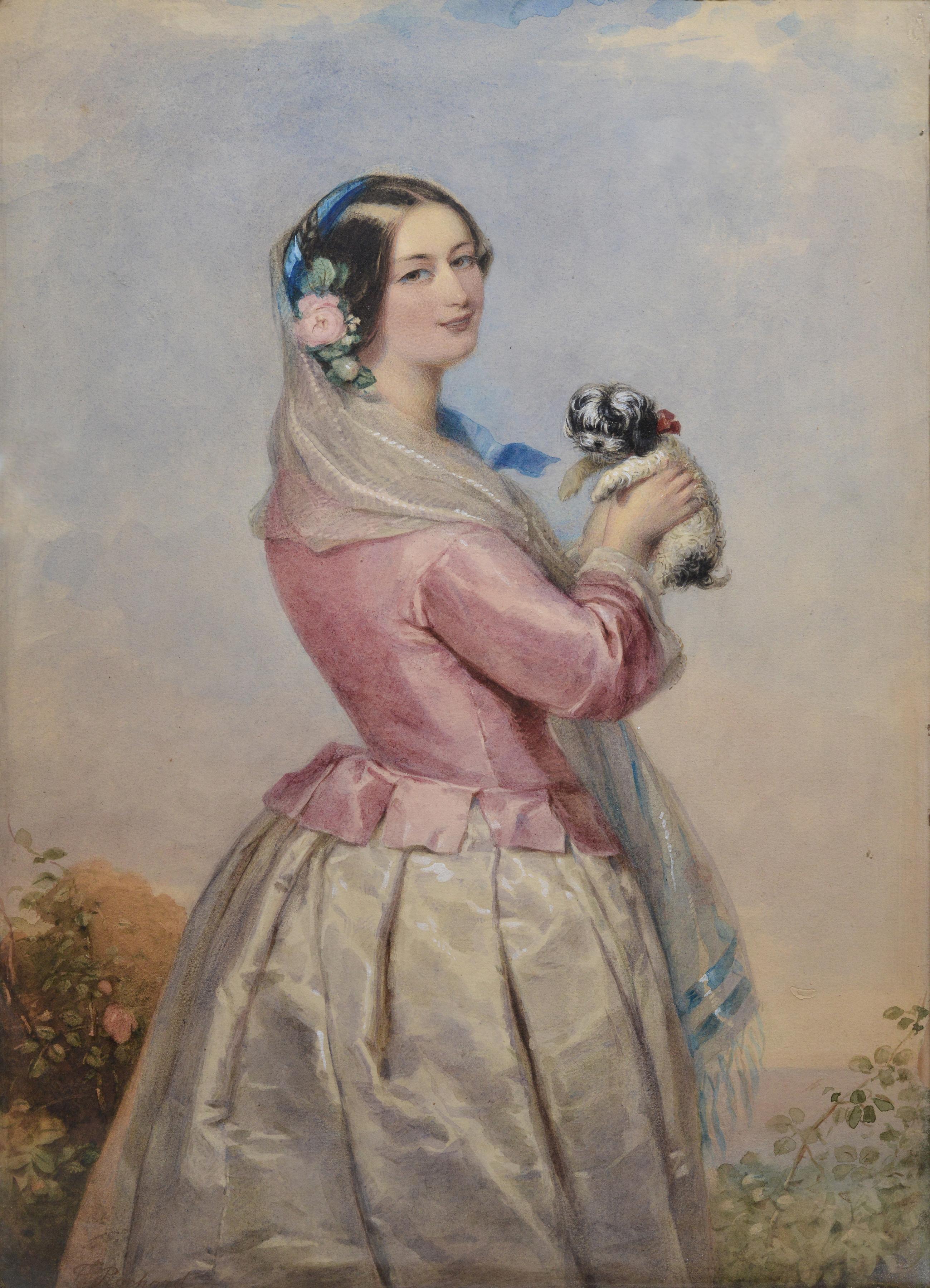 Portrait Young Lady w Tiny Dog 19th Century Watercolor from Wallace Collection - Painting by François Theodore Rochard