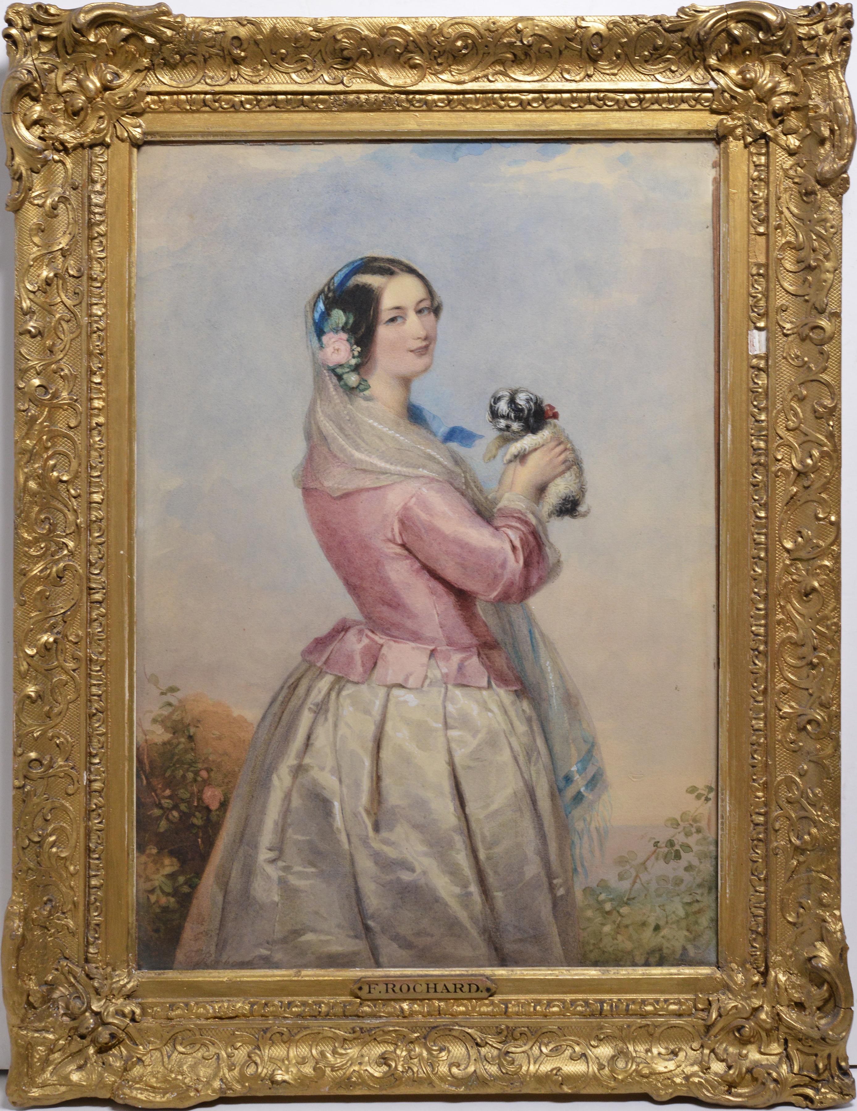 François Theodore Rochard Portrait Painting - Portrait Young Lady w Tiny Dog 19th Century Watercolor from Wallace Collection