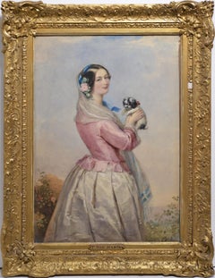 Portrait Young Lady w Tiny Dog 19th Century Watercolor from Wallace Collection