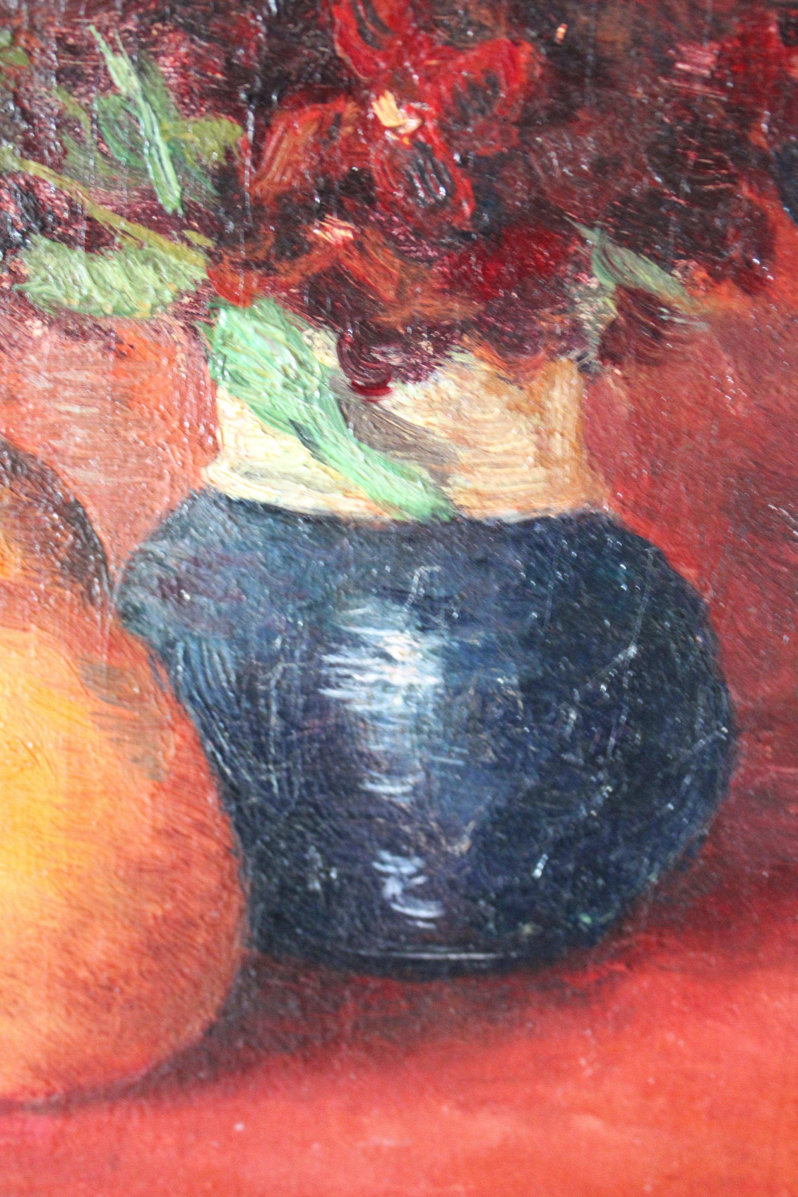 Antique Fruit still life original oil painting in gold frame 1800's antique kitchen decor apple,oranges and flower vase dark moody still life.

Antique Belgium still life of apples, oranges and a floral display by Francois Verheyden.  A gorgeous