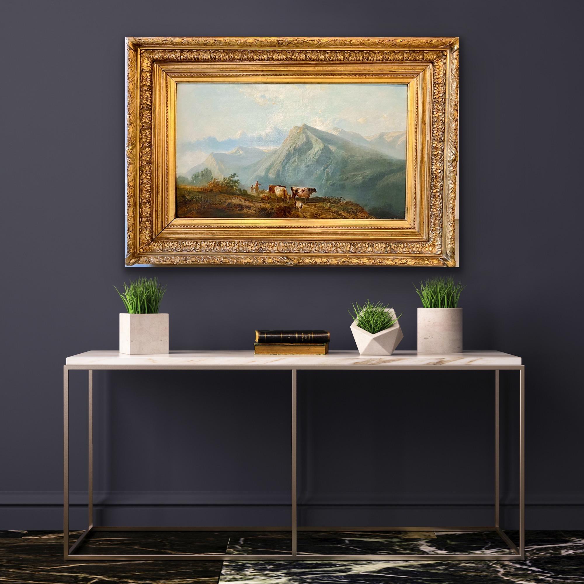 Paesaggio romantico del XIX secolo - Una coppia di contadini sulle Alpi - Painting di François-Xavier Roffiaen