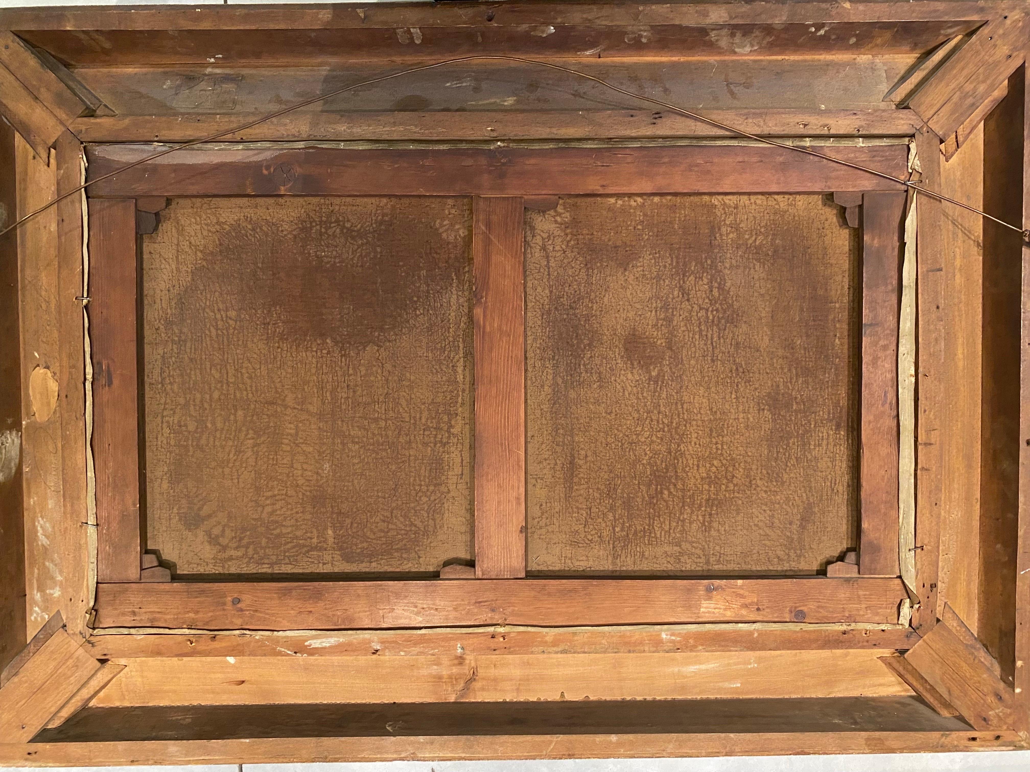 Quadro romantico di paesaggio alpino del XIX secolo 

Questo dipinto pacifico raffigura un paesaggio alpino maestoso e tranquillo. Le calde tonalità del sole illuminano magnificamente le montagne, mentre una giovane coppia vestita in costume