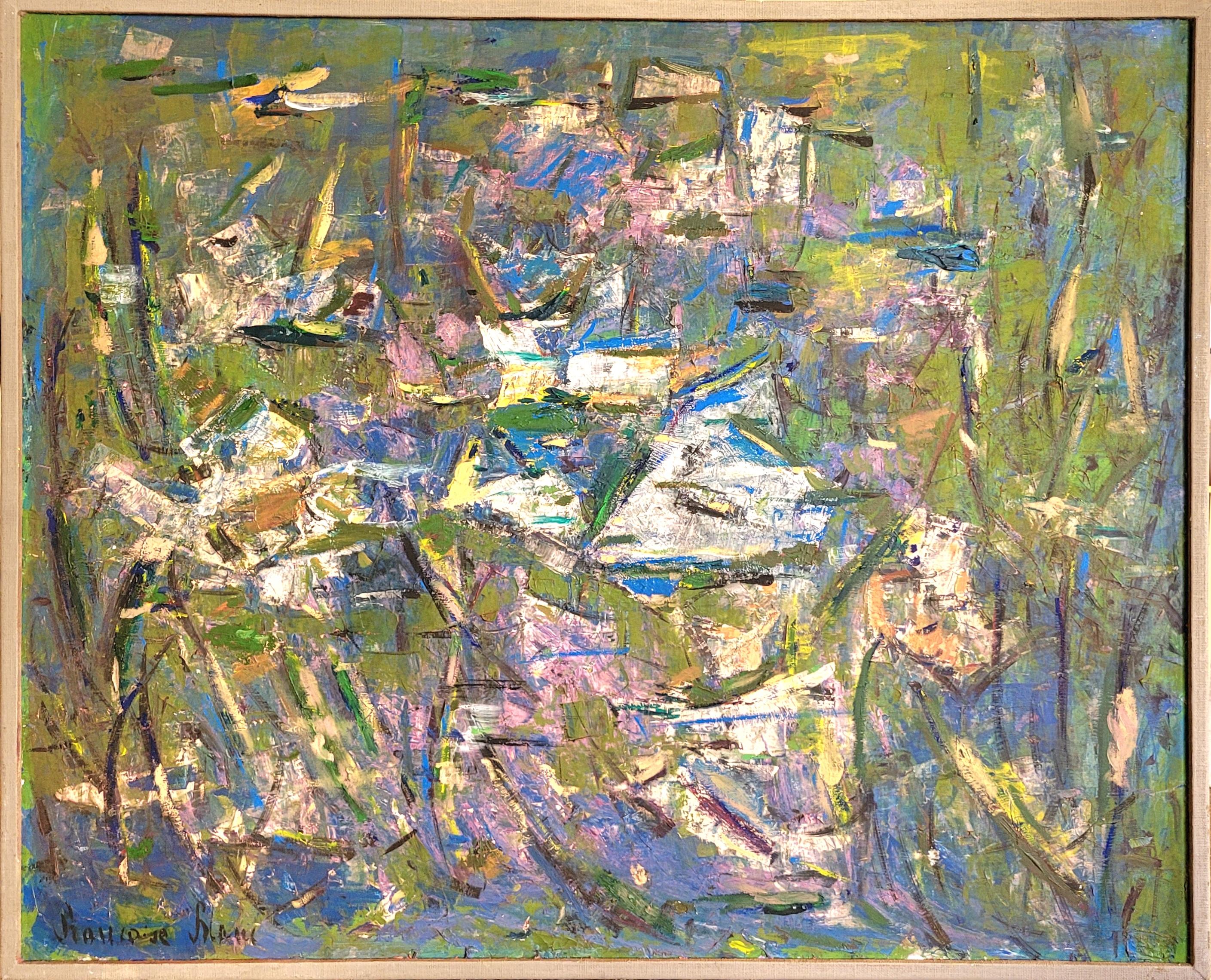 Françoise Blanc Landscape Painting - Large Abstract Expressionist Oil on Canvas of Waterlilies, 82.5x101cm