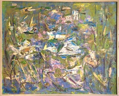 Large Abstract Expressionist Oil on Canvas of Waterlilies, 82.5x101cm