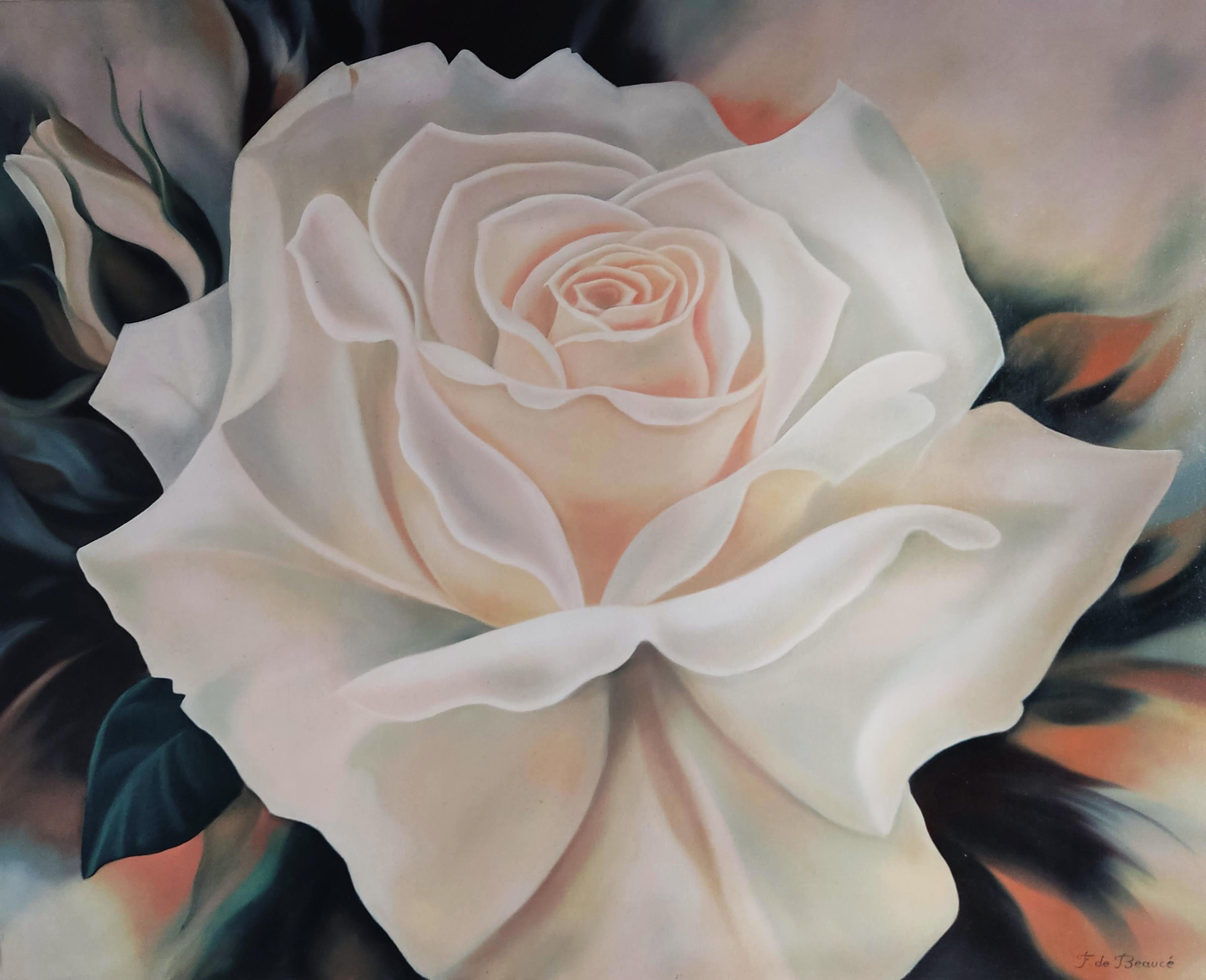 Françoise de Beaucé Interior Painting – Blooming Rose, Original Ölgemälde, 100 X 81 cm, Landschaft, Blume, Pflanze
