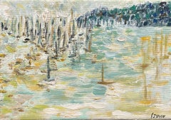 Boats in the bay of Cannes, Landscape, oil painting on canvas by Françoise Juvin