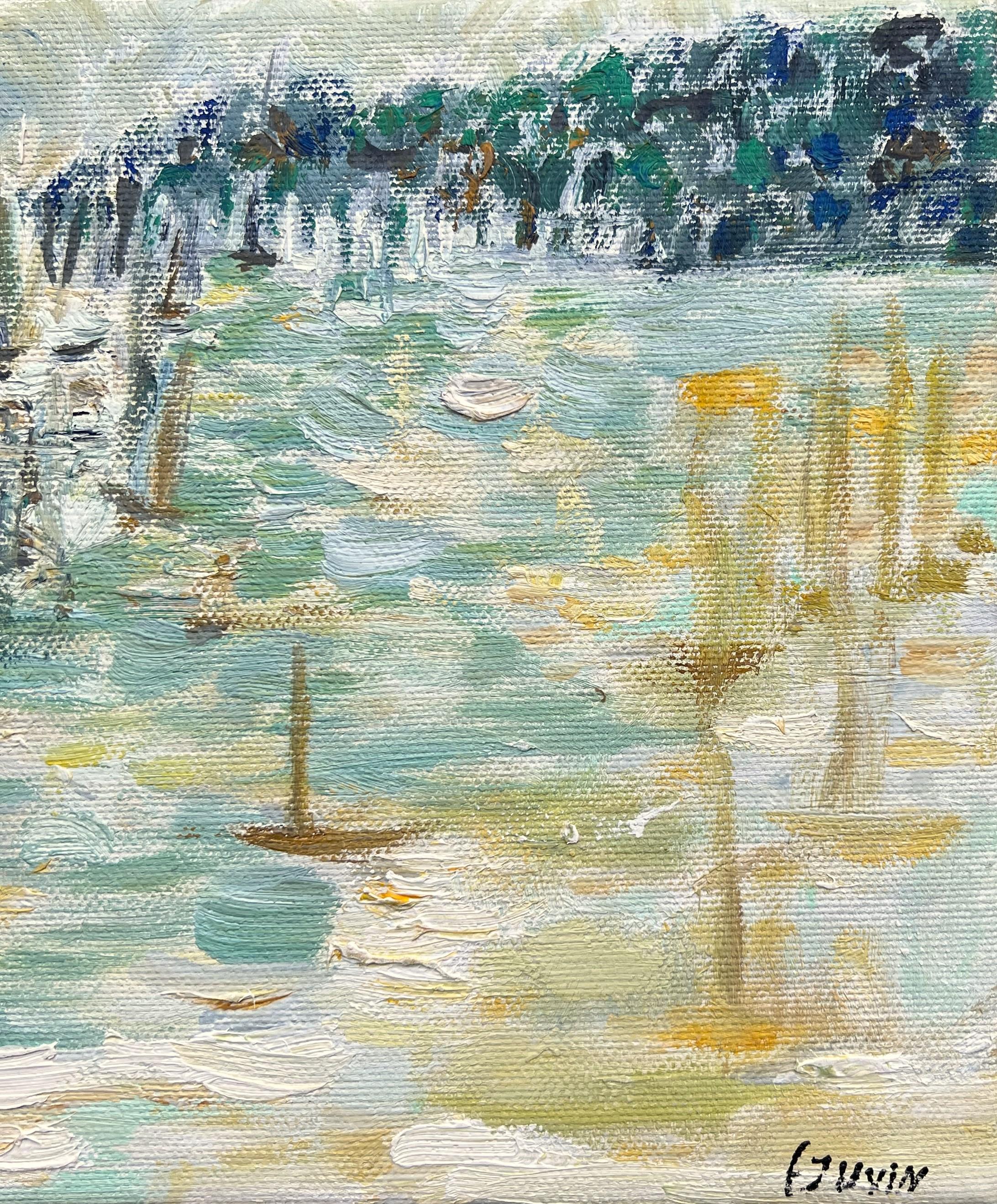 Boats in the bay of Cannes, Landscape, oil painting on canvas by Françoise Juvin For Sale 1