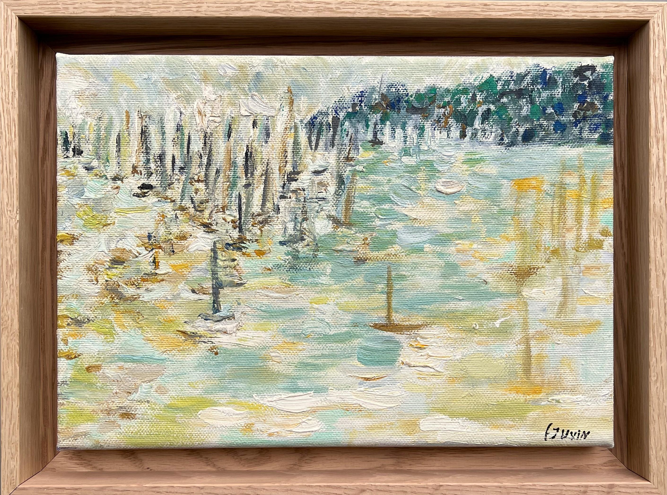 Boats in the bay of Cannes, Landscape, oil painting on canvas by Françoise Juvin