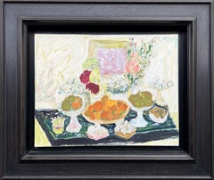 Nature morte avec des fruits et des fleurs, peinture à l'huile de Françoise Juvin