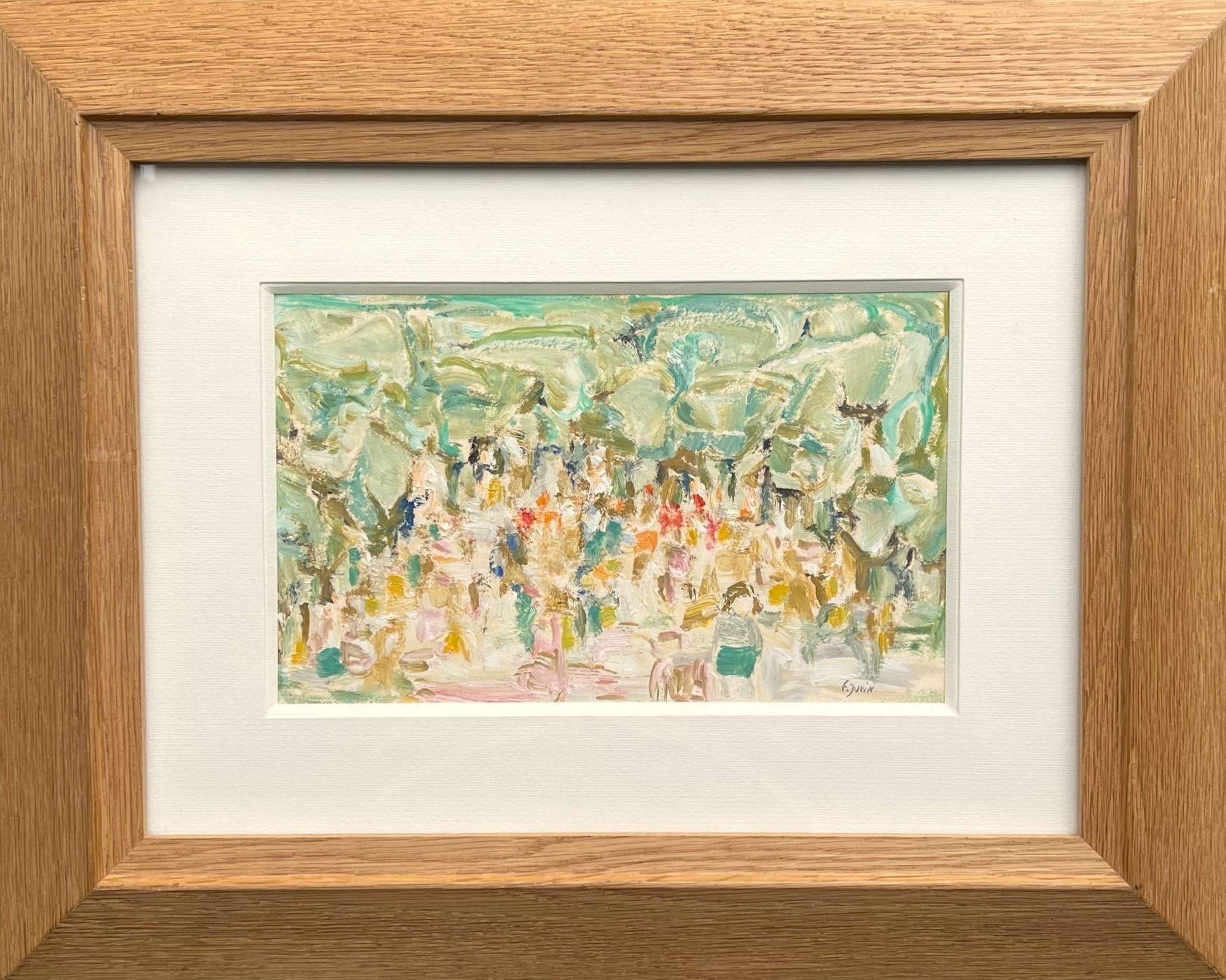 Françoise Juvin - Landscape with characters
Reference number FJ71
Framed with a natural oak frame. 
39,5 x 50 cm frame included (16 x 26 cm without frame)
This work is painted with oil on a paper. It is presented with a 5 cm beveled mat and under a