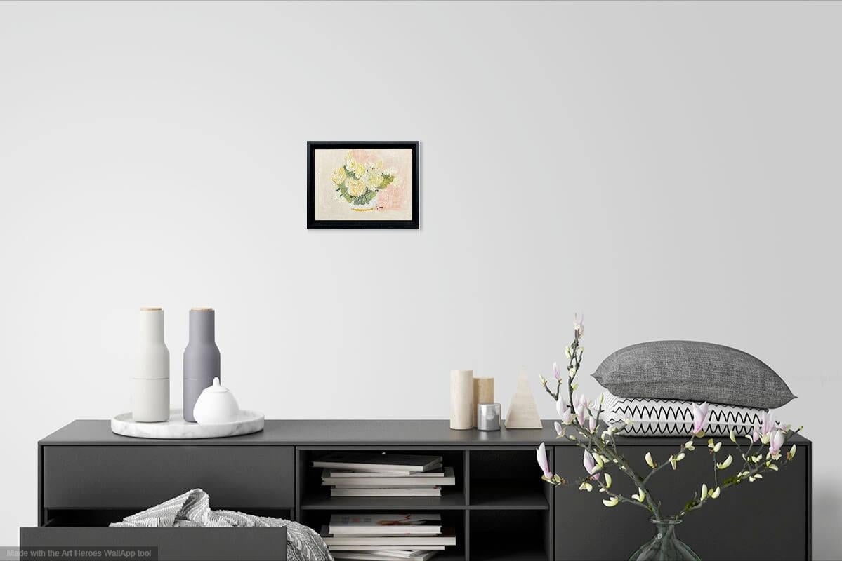 Kleiner Blumenstrauß aus Butterblumen, Ölgemälde von Françoise Juvin im Angebot 10
