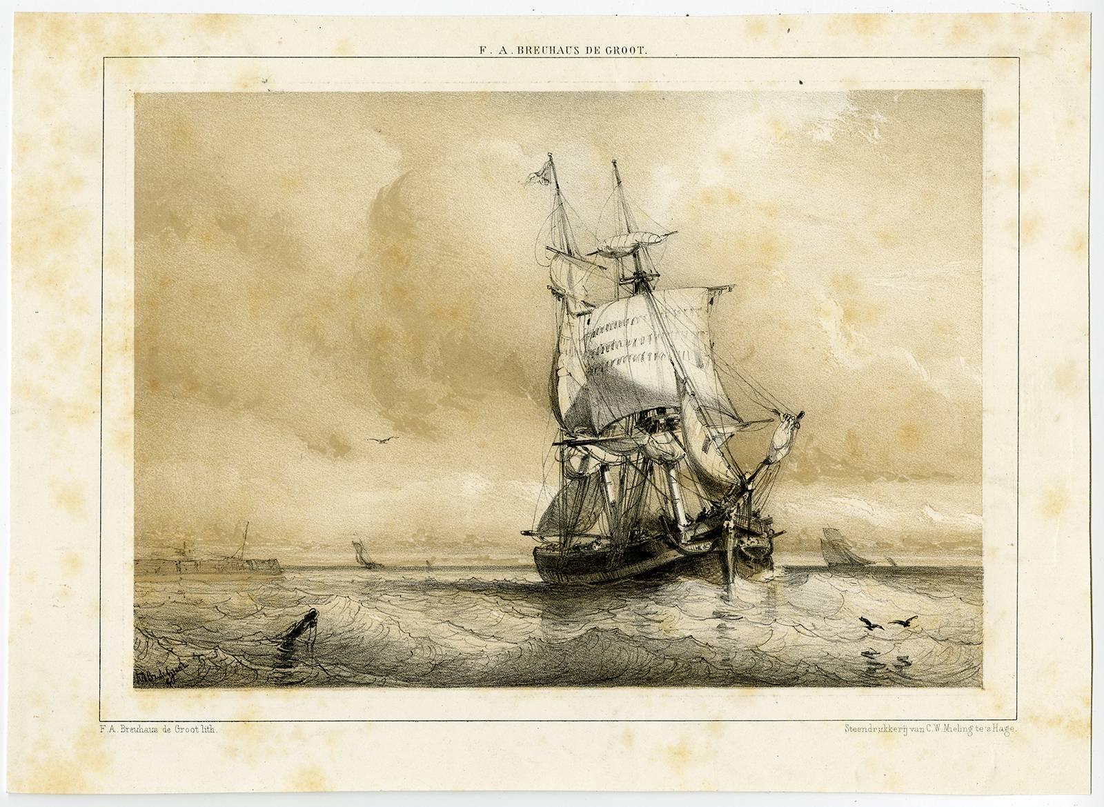 Frans Arnold Breuhaus de Groot Landscape Print - F.A. Breuhaus de Groot - Ship at sea.