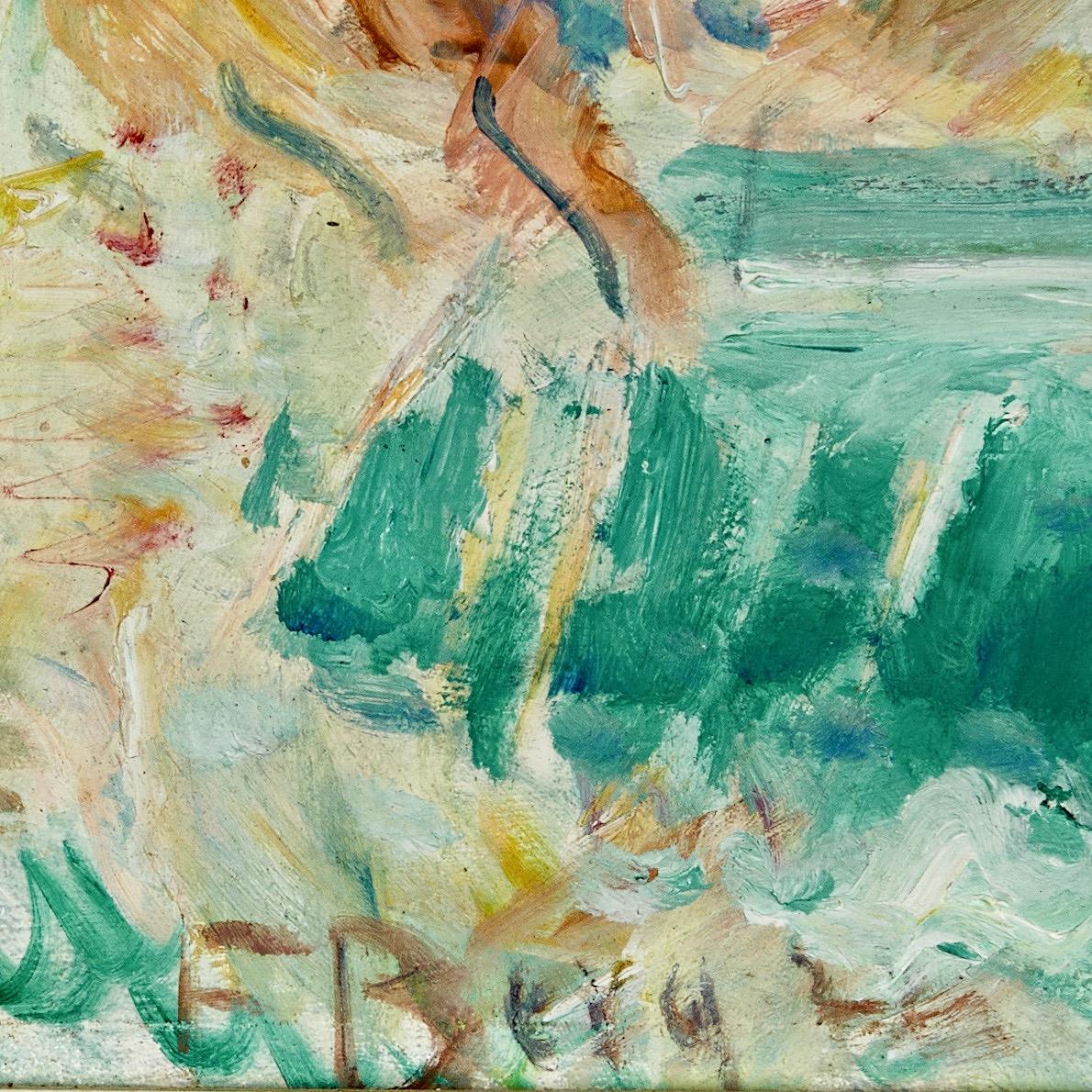 An impressionistic portrayal of the village of Haut-de-Cagnes on the French Riviera, painted in vibrant colors. Oil on panel, signed and dated 