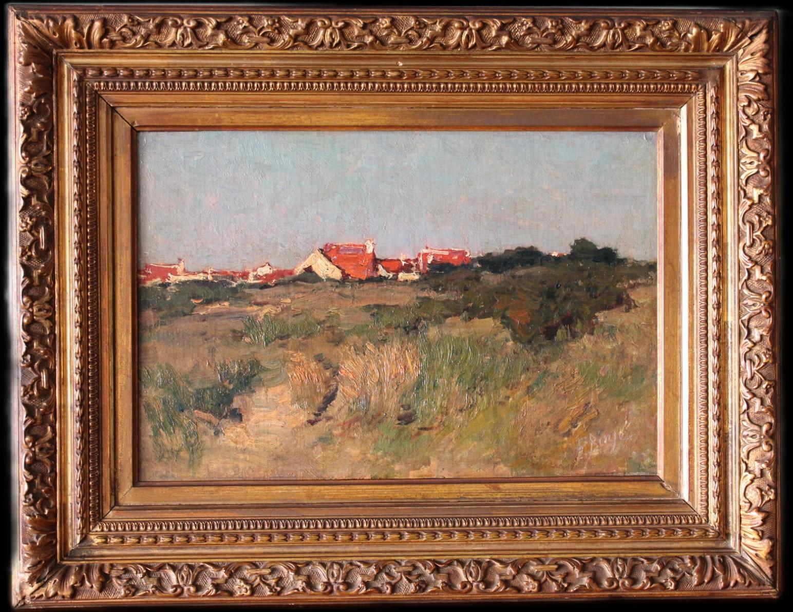 Antique landscape oil painting by Belgium artist, Frans Binje , signed in the lower right corner. 
This oil on canvas on thick wood board is textured to the touch.  A flurry of busy deliberate brushstrokes with impasto fill this painting with