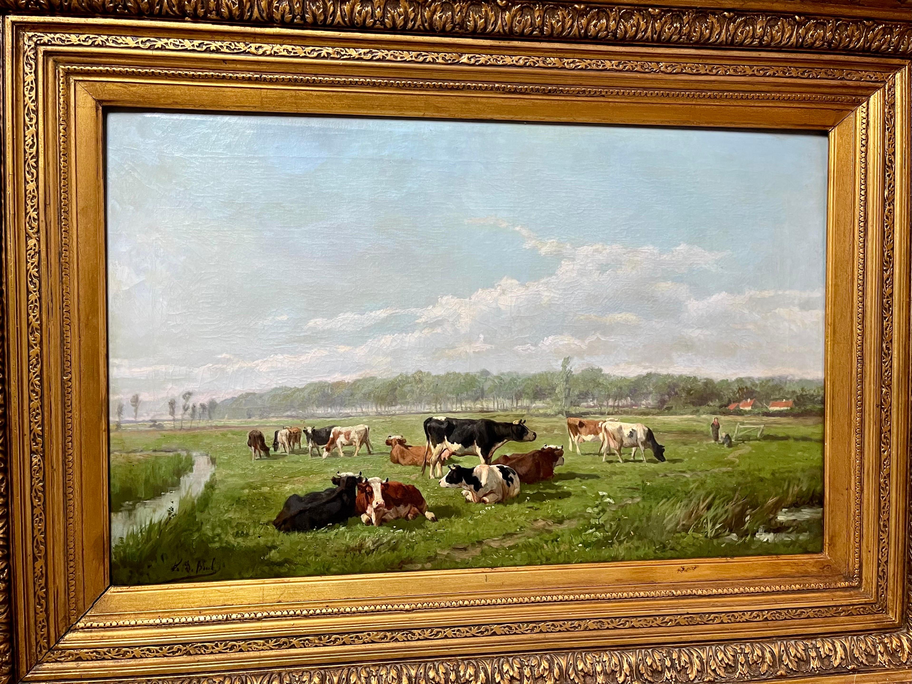 19th century romantic oil painting - Cows grazing in the countryside 

Frans de Beul was a Belgian romantic painter, his father was Edouard Conrad De Beul (°1815) a cotton spinner who later became a seller of antique painting his mother was of