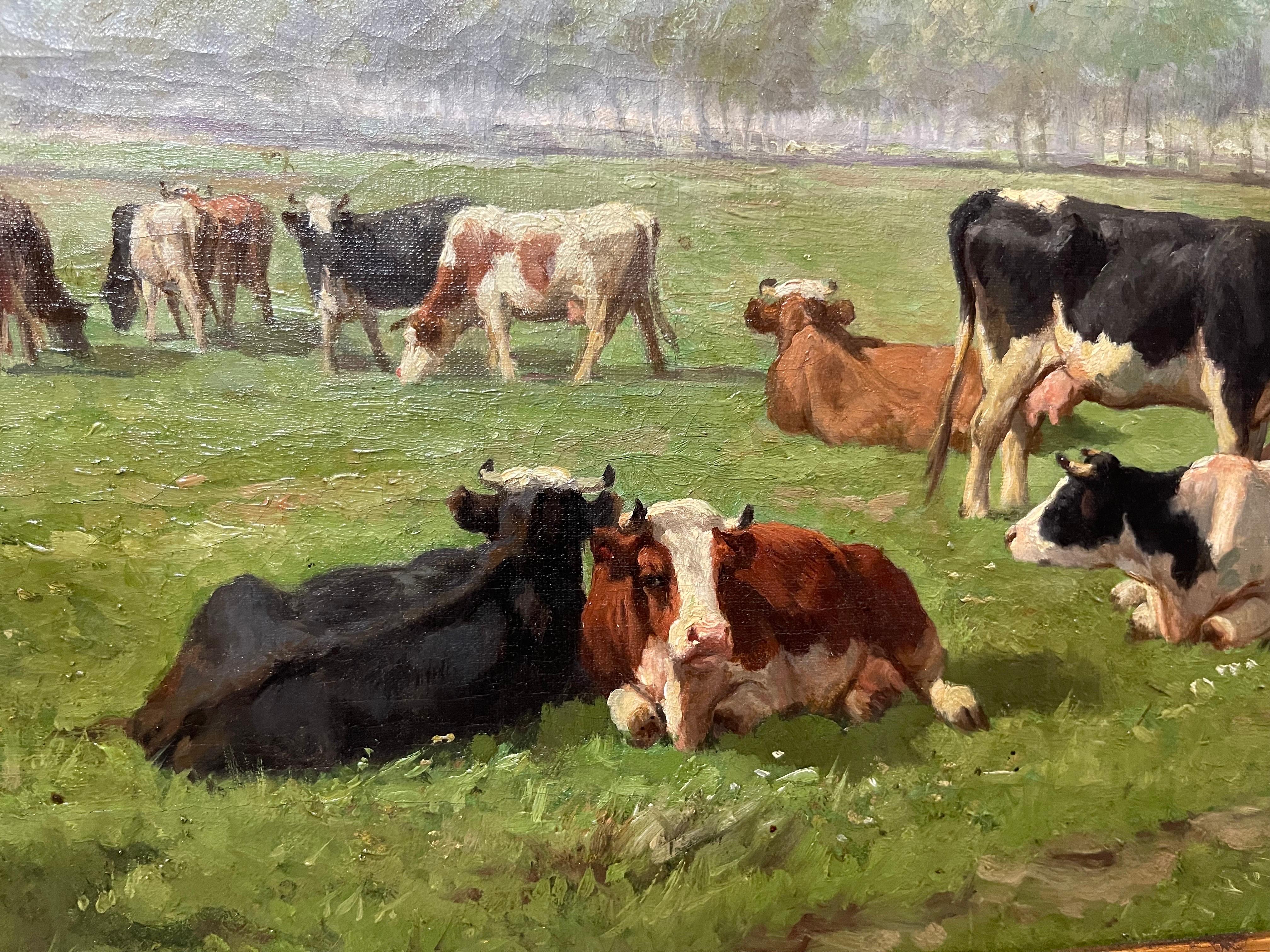 Large 19th century romantic oil Painting - Cows grazing in the countryside  1