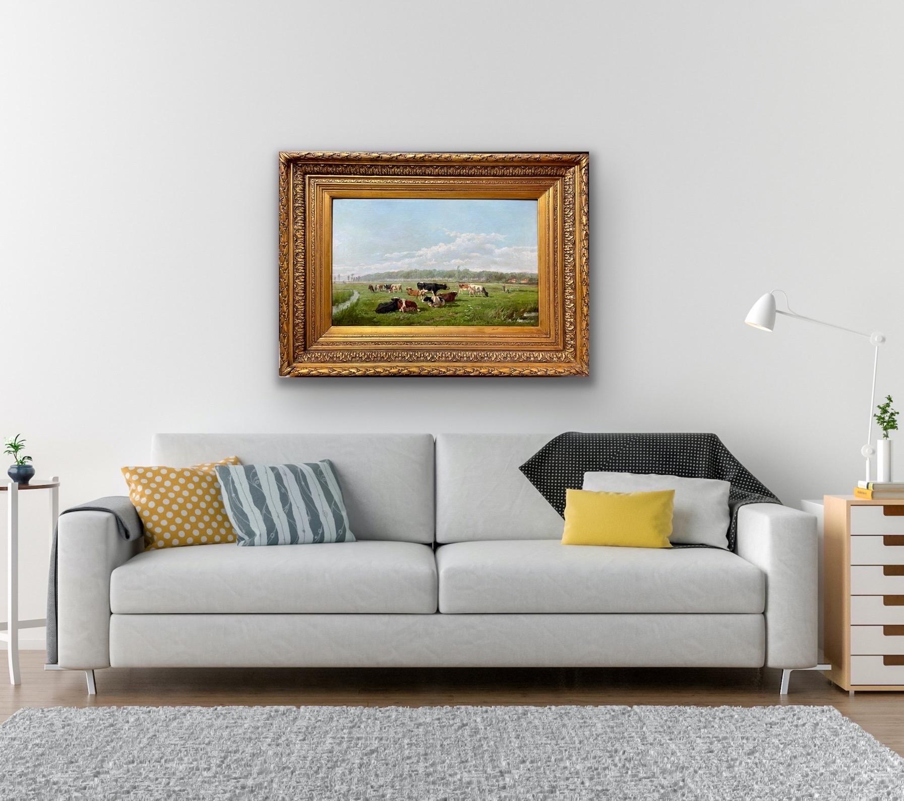 Large 19th century romantic oil Painting - Cows grazing in the countryside  4