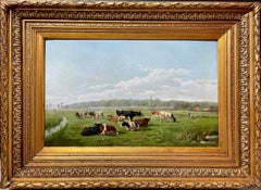 Large 19th century romantic oil Painting - Cows grazing in the countryside 