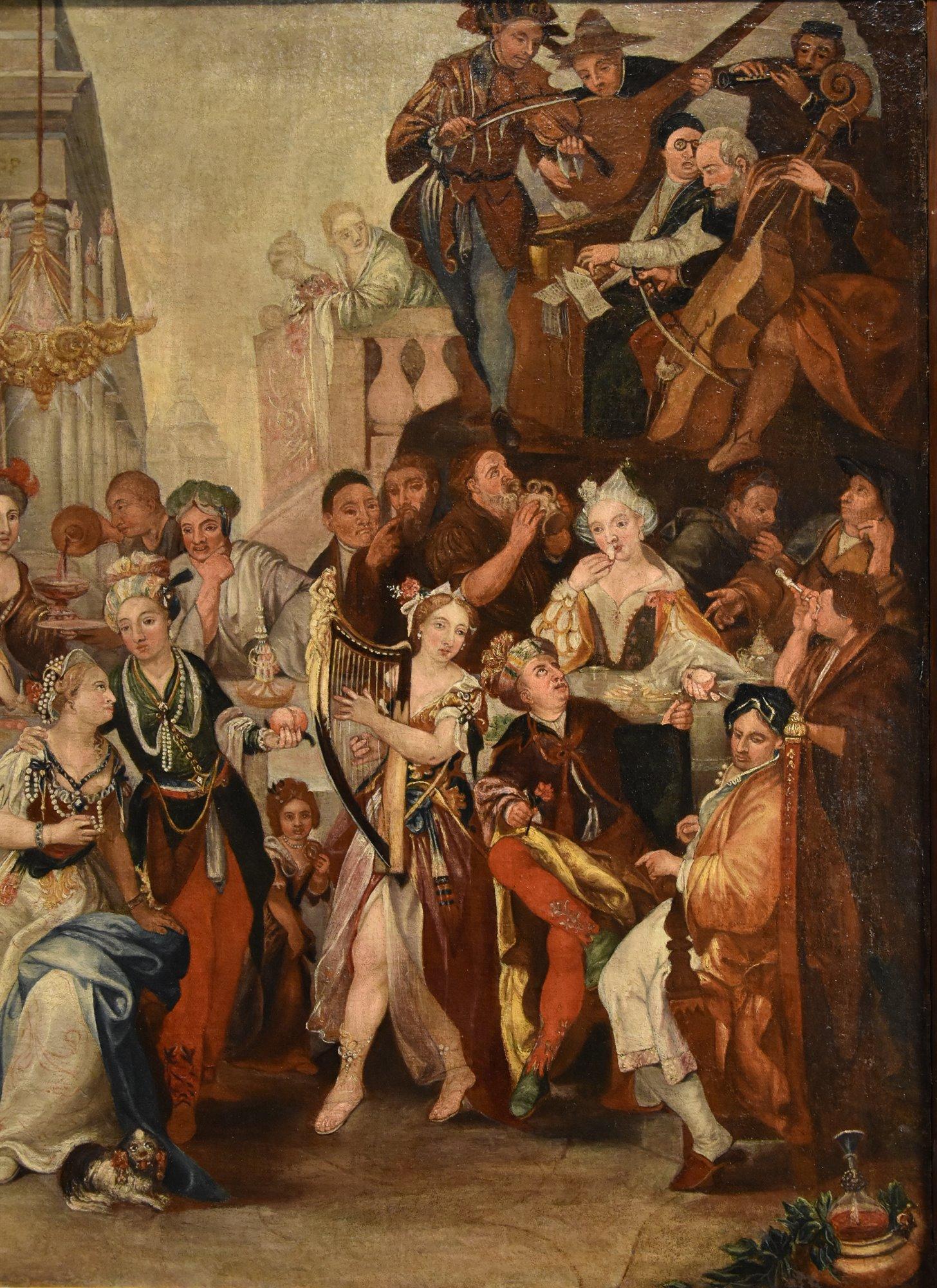 Frans Francken II (Antwerpen, 1581-1642) Werkstatt/Kreis 

Das Festmahl des Belsazar  

Öl auf Leinwand  98 x 115 cm Im Rahmen 121,5 x 141,5 cm  

Das Gemälde, das ein üppiges Bankett im Saal eines luxuriösen Palastes zeigt, stellt die biblische