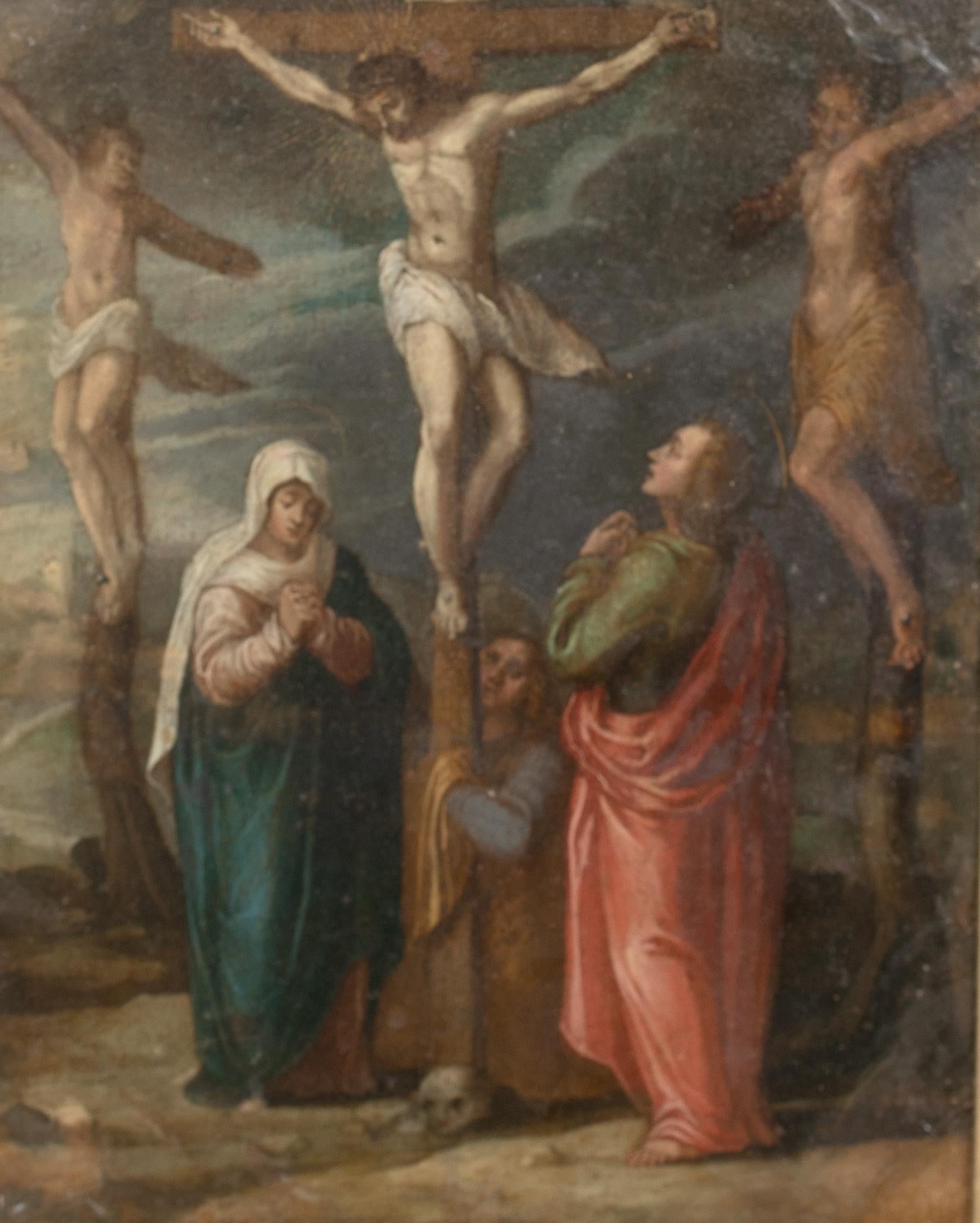 The Crucifixion, 17e siècle  École Flemish - cercle de Frans Francken I - Marron Figurative Painting par Frans Francken II