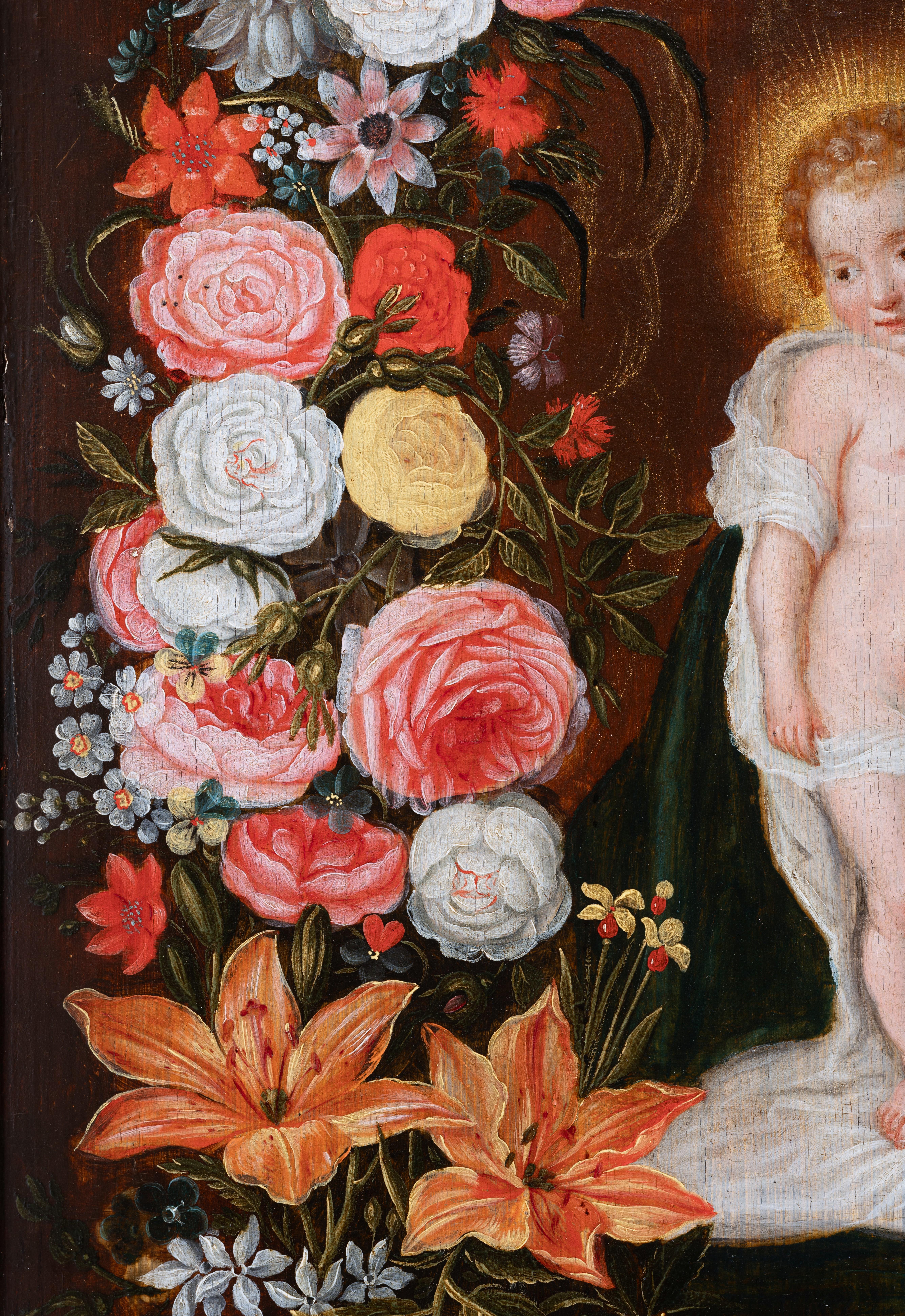 Vierge & Child dans une guirlande de fleurs, Flamand, 17e siècle, Studio de F. Francken en vente 5