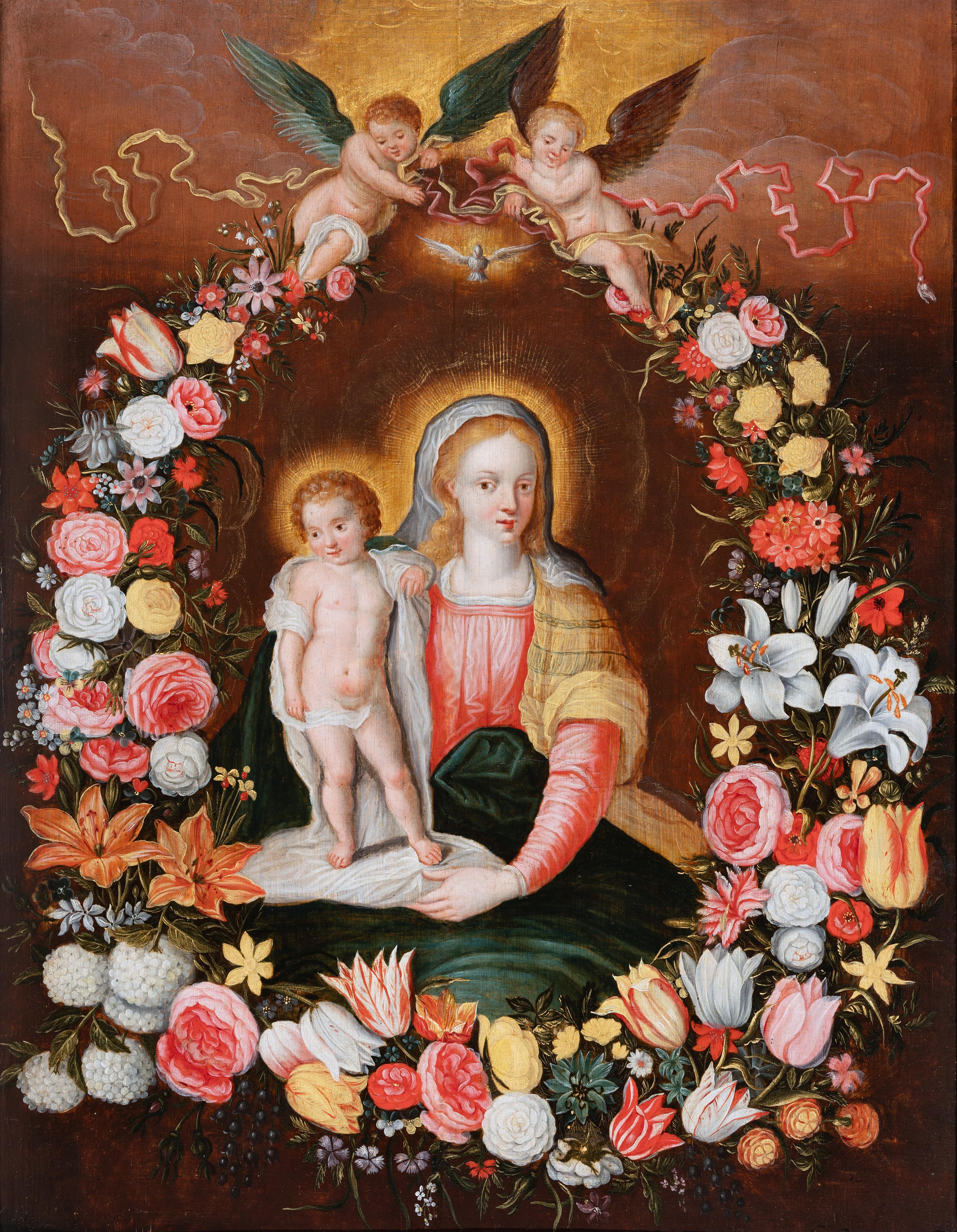 Vierge & Child dans une guirlande de fleurs, Flamand, 17e siècle, Studio de F. Francken - Painting de Frans Francken II