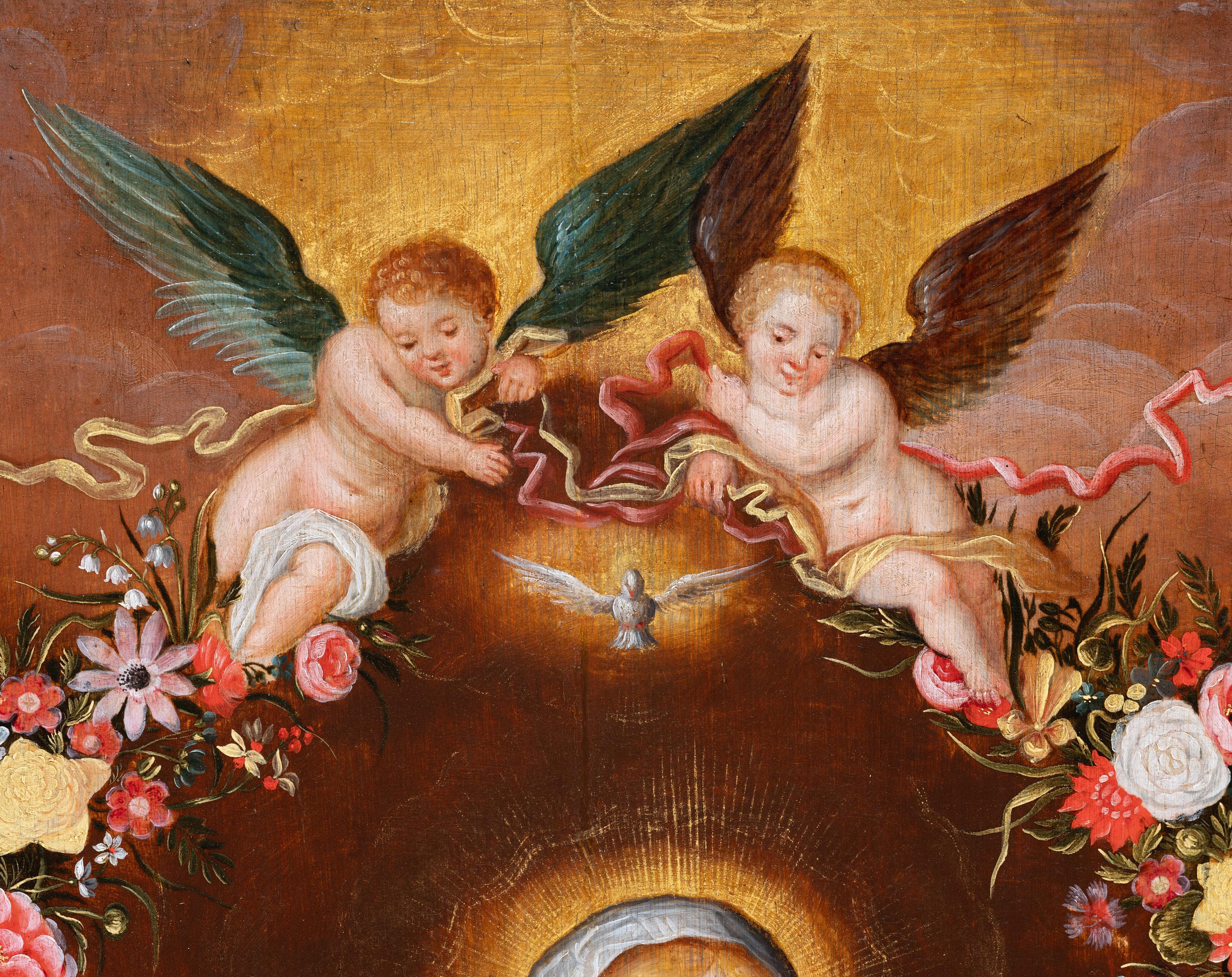 Vierge & Child dans une guirlande de fleurs, Flamand, 17e siècle, Studio de F. Francken - Maîtres anciens Painting par Frans Francken II