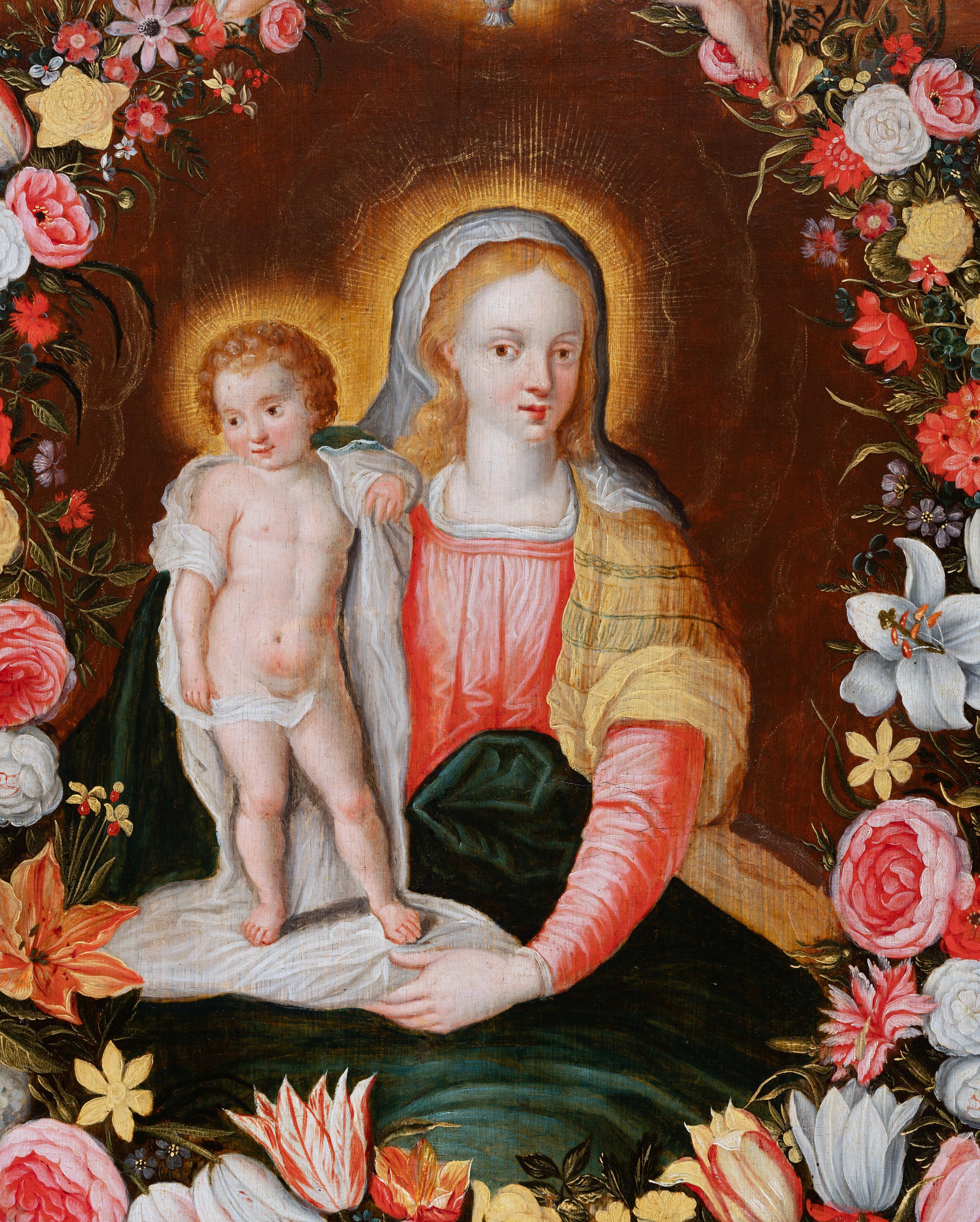 Vierge & Child dans une guirlande de fleurs, Flamand, 17e siècle, Studio de F. Francken - Noir Figurative Painting par Frans Francken II