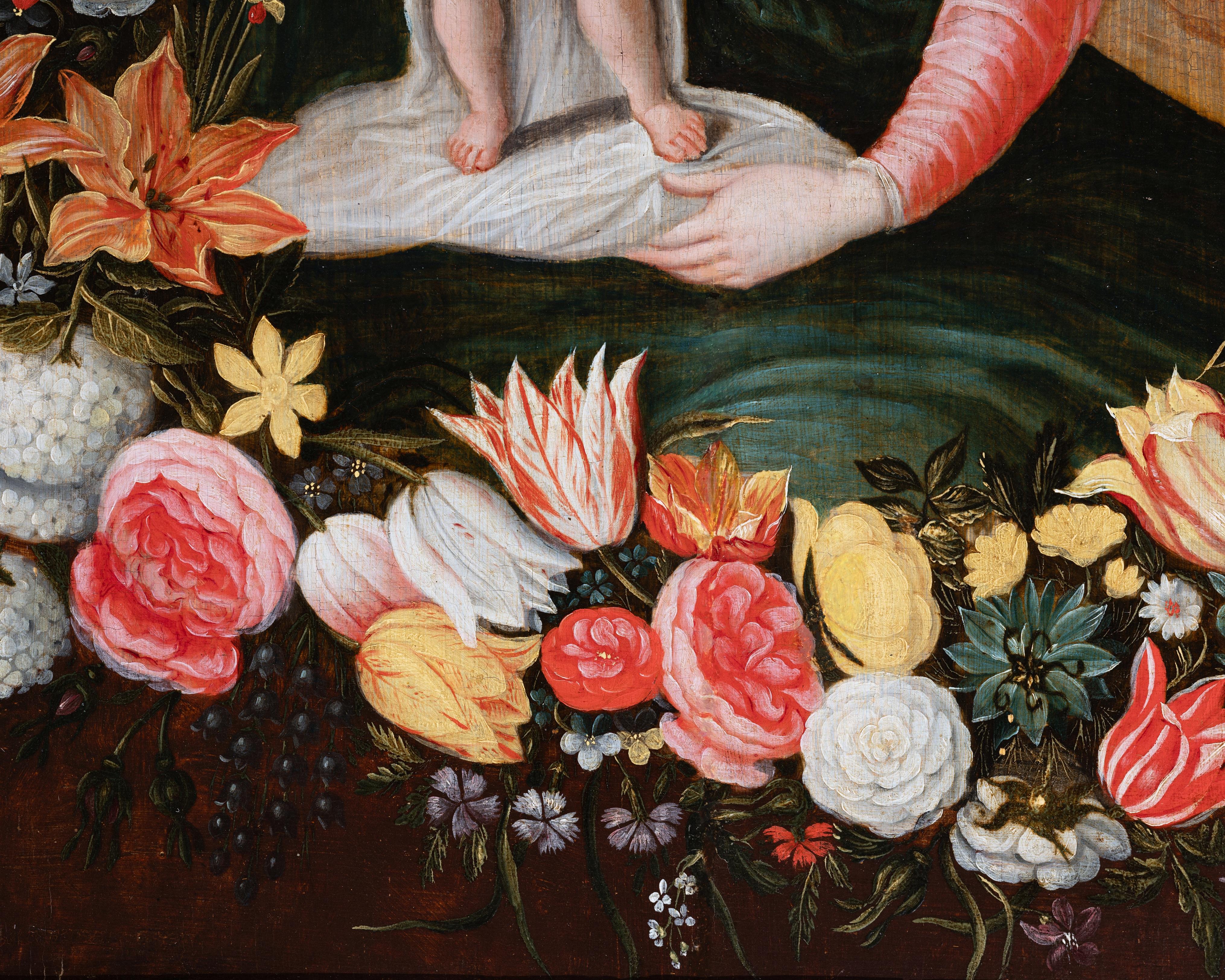 Vierge & Child dans une guirlande de fleurs, Flamand, 17e siècle, Studio de F. Francken en vente 1