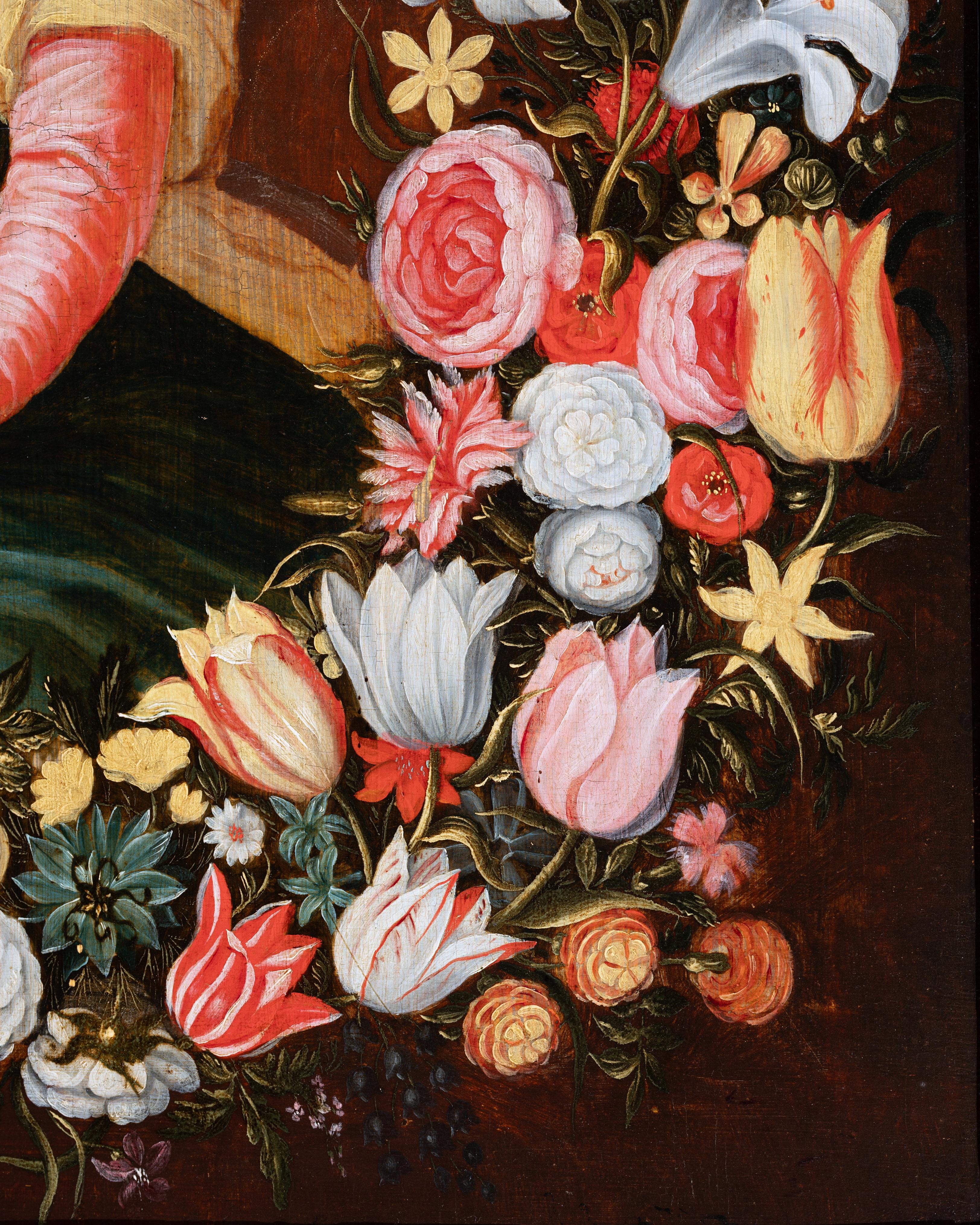 Vierge & Child dans une guirlande de fleurs, Flamand, 17e siècle, Studio de F. Francken en vente 4